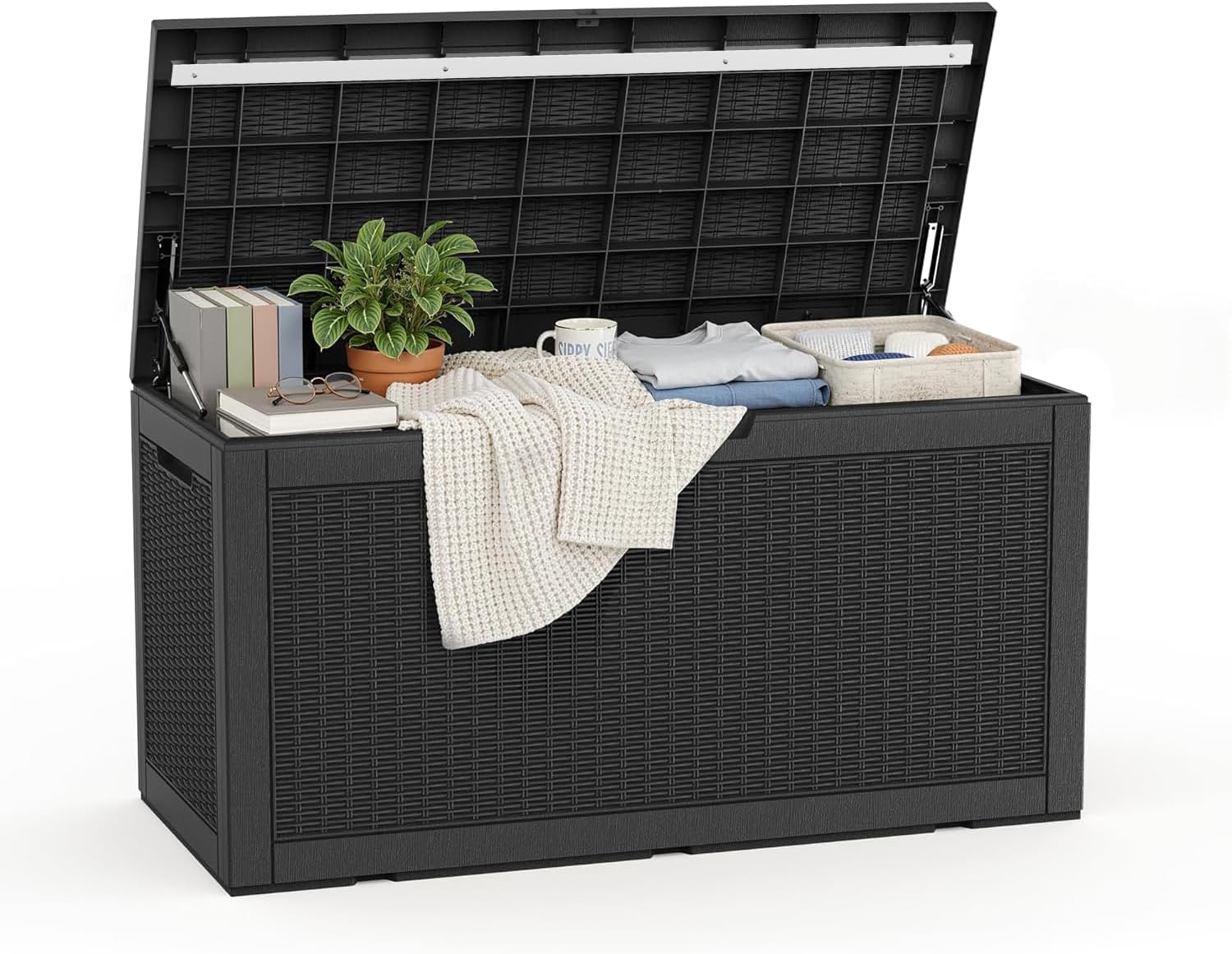 ROJIK Outdoor Storage Housing Deck Box - Waterproof Patio Furniture, Garden Tools, Cushions, Pool Accessories Storage Bench with Lockable Lid and Side Handles (Black 110 Gal)