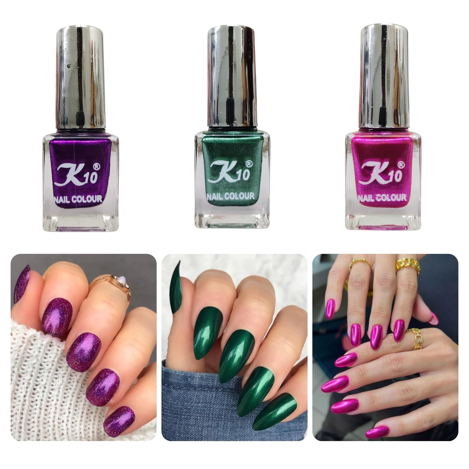 Metallic Finish Nail Polish| Quick Dry| Chip Resistant| Long Lasting Nail Paint| Unique Colour Nail Paint For Women & Girls (Purple-Pink-Green) Combo Pack-image-39