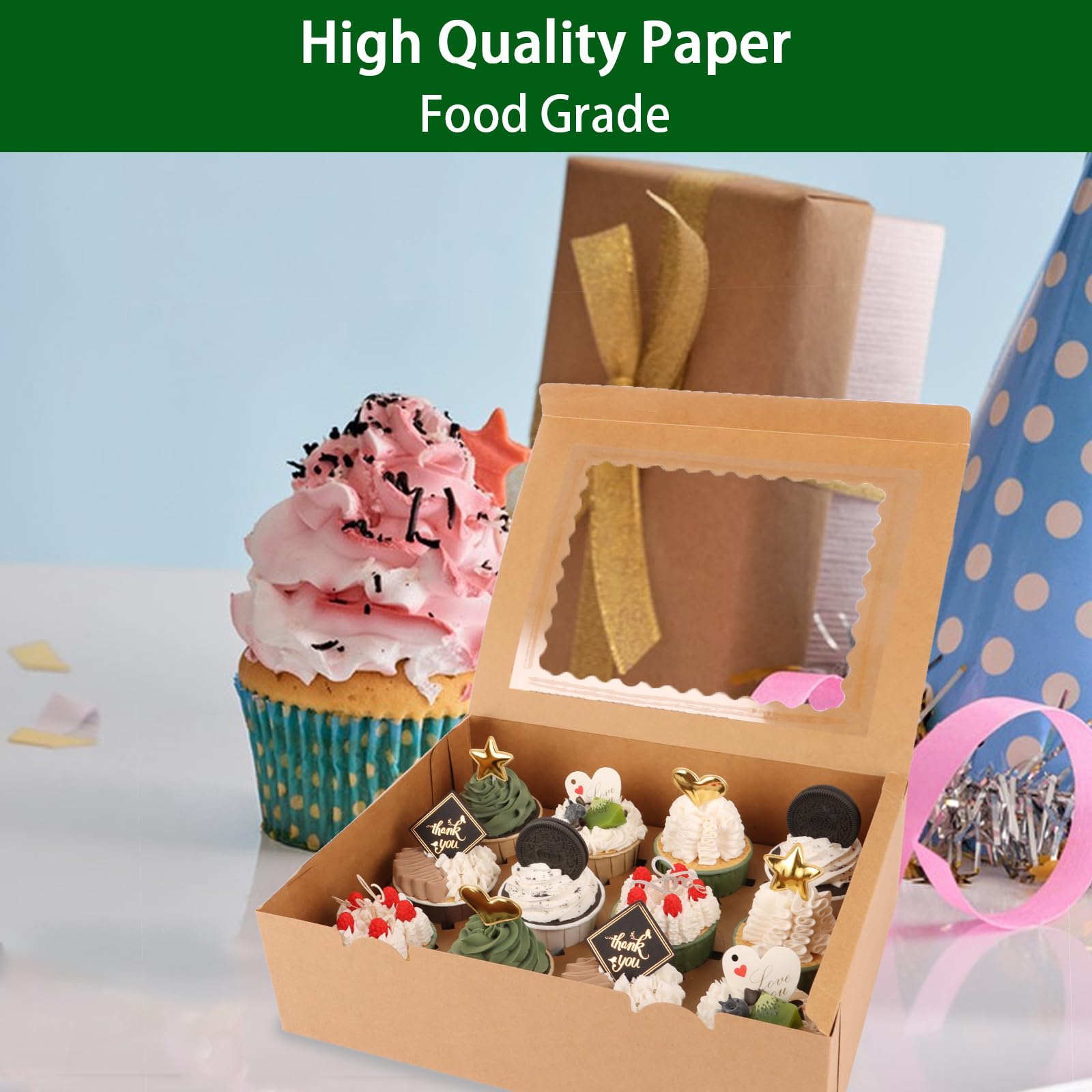 WOPPLXY 10 scatole per cupcake con corda e adesivi, 12 fori con finestra e inserti, scatola per cupcake, per imballare, trasportare e decorare torte e dessert