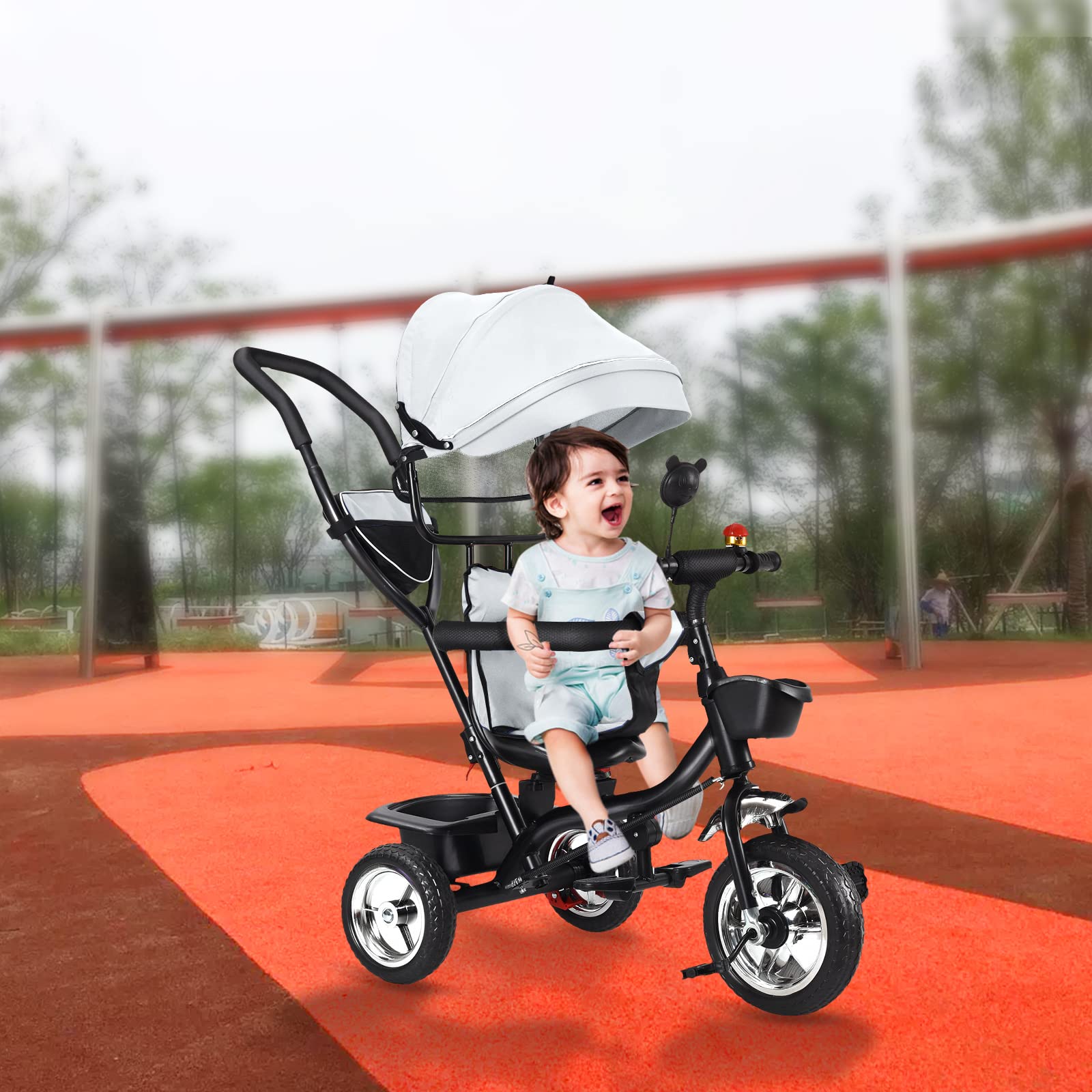 Tricycle Bébé Évolutif, Draisienne Évolutif pour Enfants avec Barre à Pousser, Velo Poussette Bebe, Velo Enfant avec Pare-Soleil (Gris)