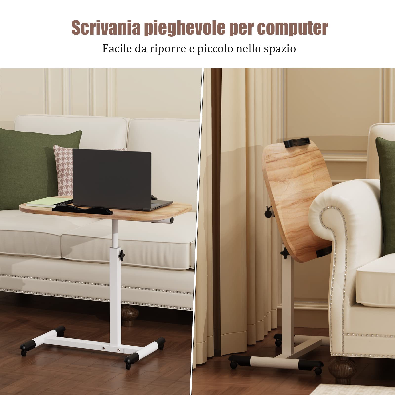Tavolino da Letto con 4 Ruote, Scrivania per Computer con Ruote, Regolabile in altezza e in inclinazione, Struttura in Metallo, per Soggiorno Camera da Letto Ufficio 60x40x61-95cm