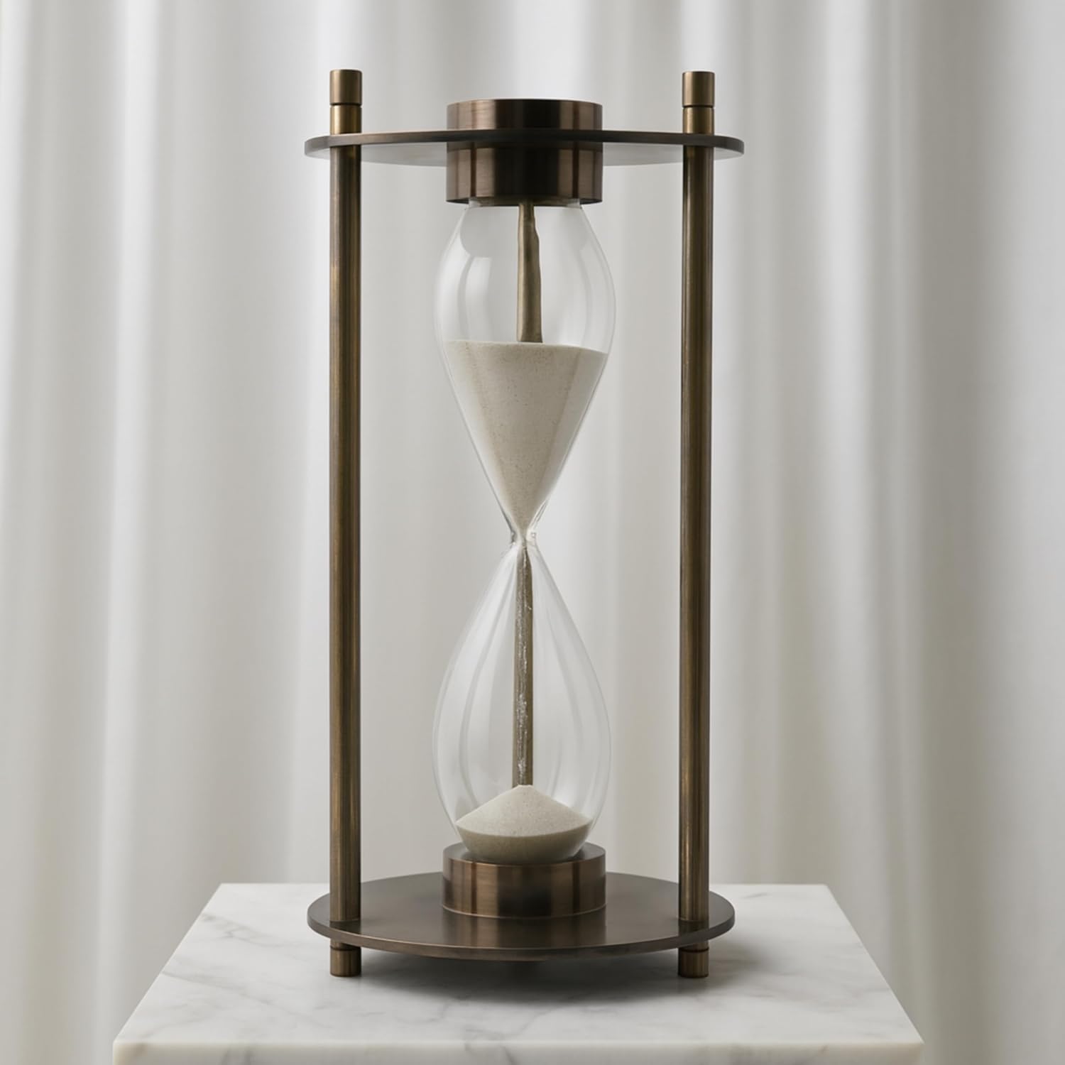 Perth Silver Hourglass Decorative Object with Compass – Metal, Aluminum & Glass Modern Home Decor Accent – Shelf & Coffee Table Decor for Office & Living Room – 15", Ivory & Tan