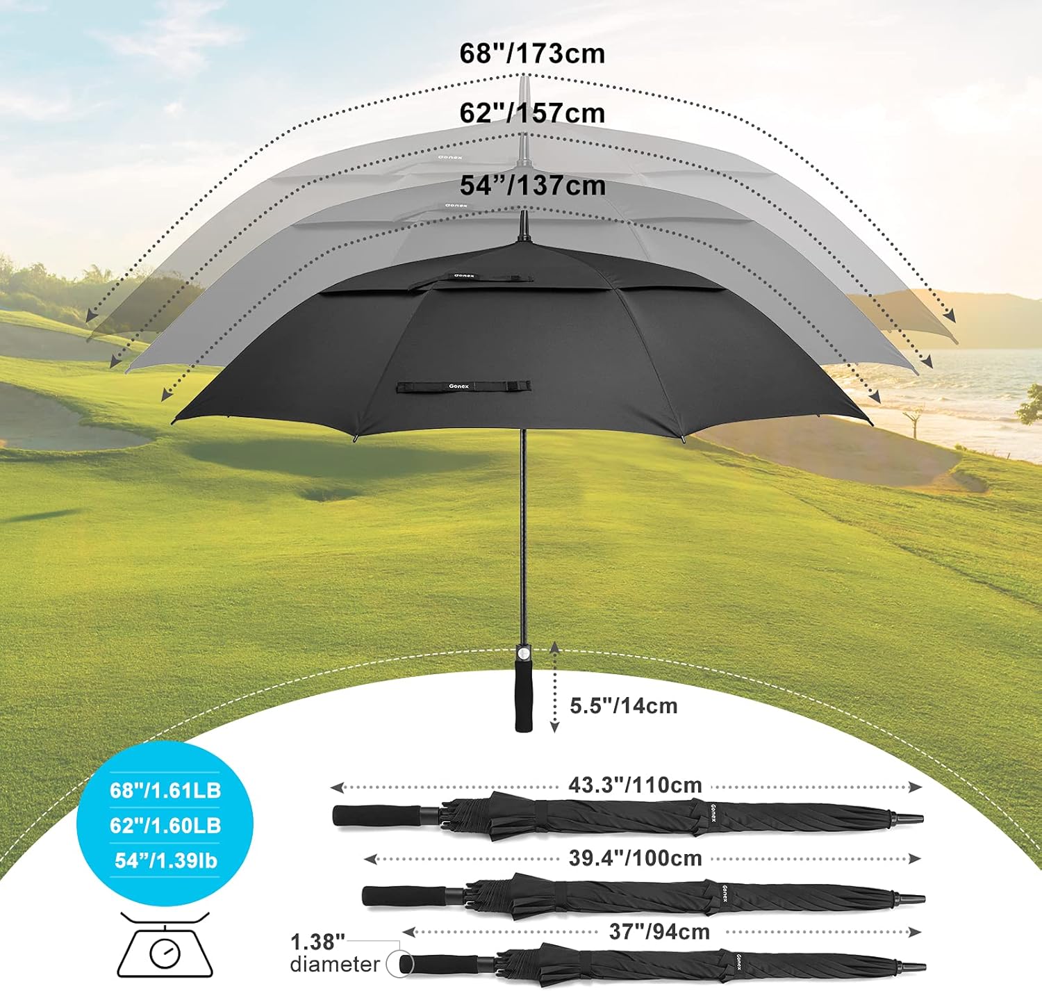 Gonex 54/62/68 Inch Extra Large Golf Umbrella, Automatic Open Travel Rain Umbrella with Windproof Water Resistant Double Canopy, Oversize Vented Umbrellas for 2-3 Men and UV Protection, Multiple Colors : Sports & Outdoors