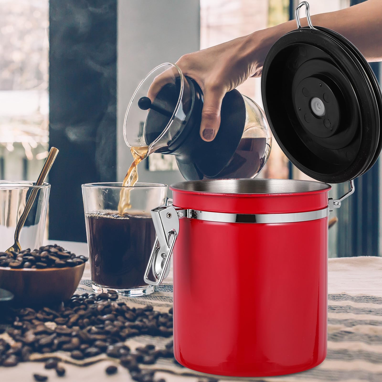 Operitacx Tarro de Café Sellado de Acero Inoxidable Tapa Hermética, Almacenamiento para Té y Sal, Color Rojo, Recipiente Pequeño para Conservar Aroma