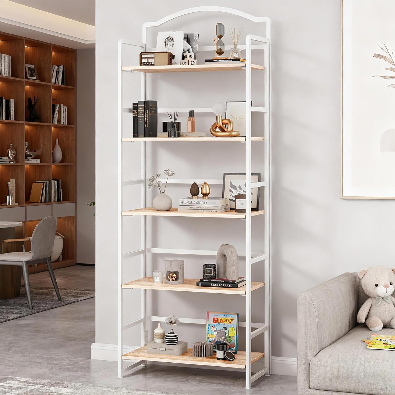 JSB 5 Tier No Assembly Folding Bookshelf, Arched Bookshelf, Foldable Bookcase for Living Room, Bedroom, Office,Skinny Bookshelf (White)