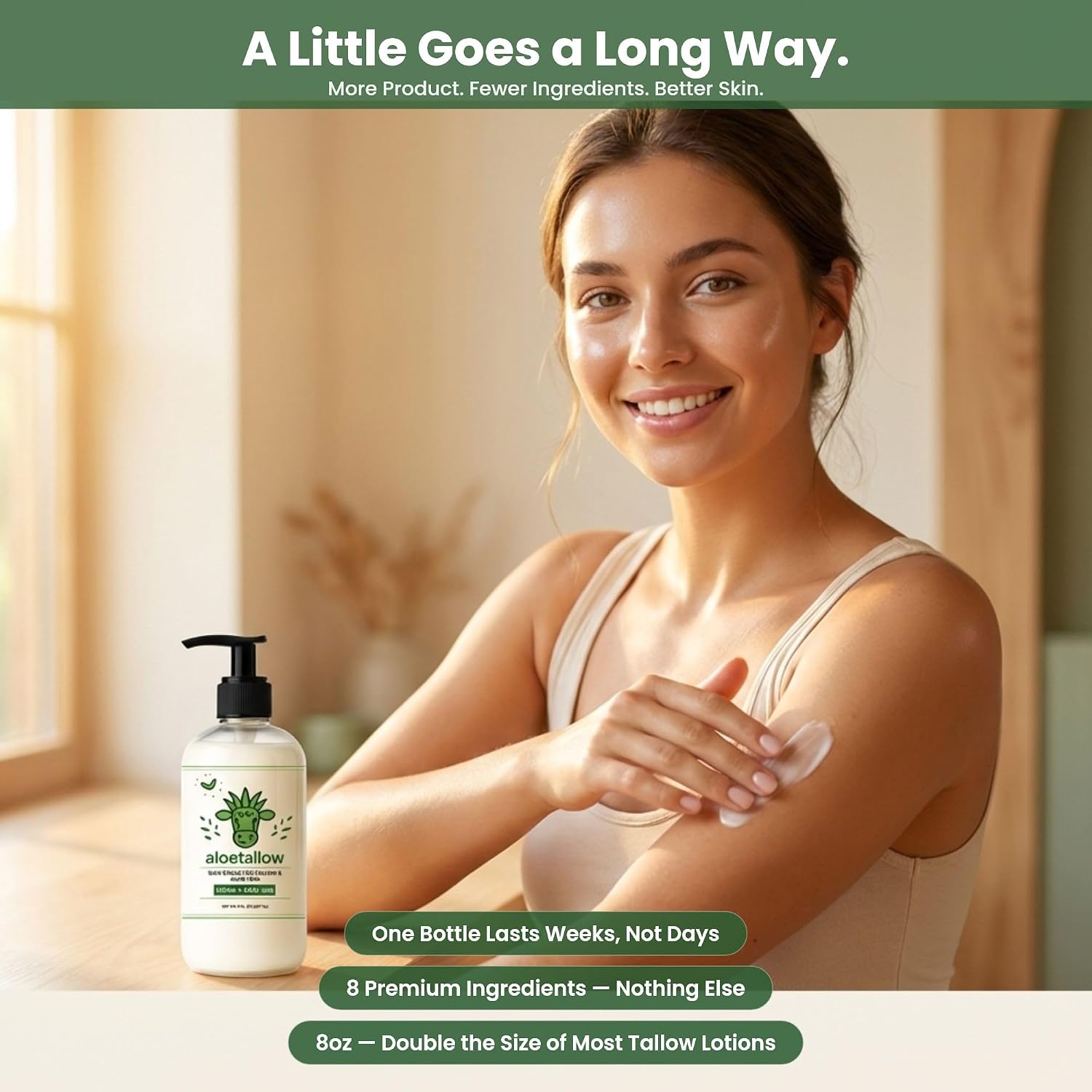 Beef Tallow Body Lotion with Aloe Vera - Grass-Fed Moisturizer for Dry Sensitive Skin, Face and Body - Non-Greasy After Sun Tan Extender, 8oz Pump