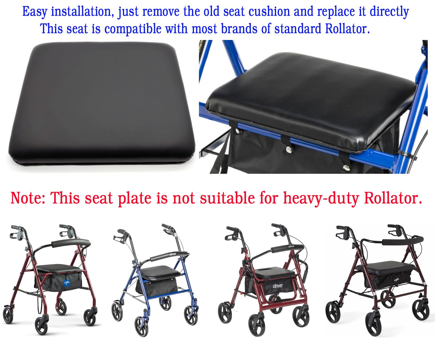 Rollator seat Cushion,Rollator pad,Rollator Walker Replacement Seat, Padded Seat with Stand, with Storage Bag,W/Hardware, 14.2" * 11.8". Universal Replacement Rollators Parts. (1Ea Black)