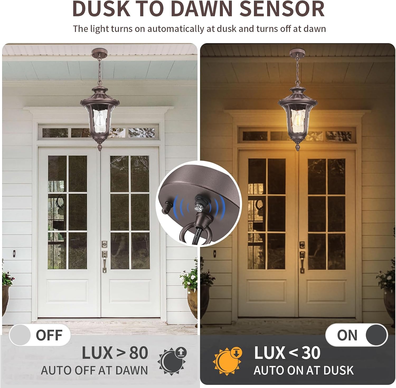Dusk to Dawn Outdoor Pendant Light for Porch, 58'' Large Exterior Hanging Lantern Fixture Sensor Outdoor Chandelier in Black Finish for Entryway,Doorway,Farmhouse,Foyer, ORB