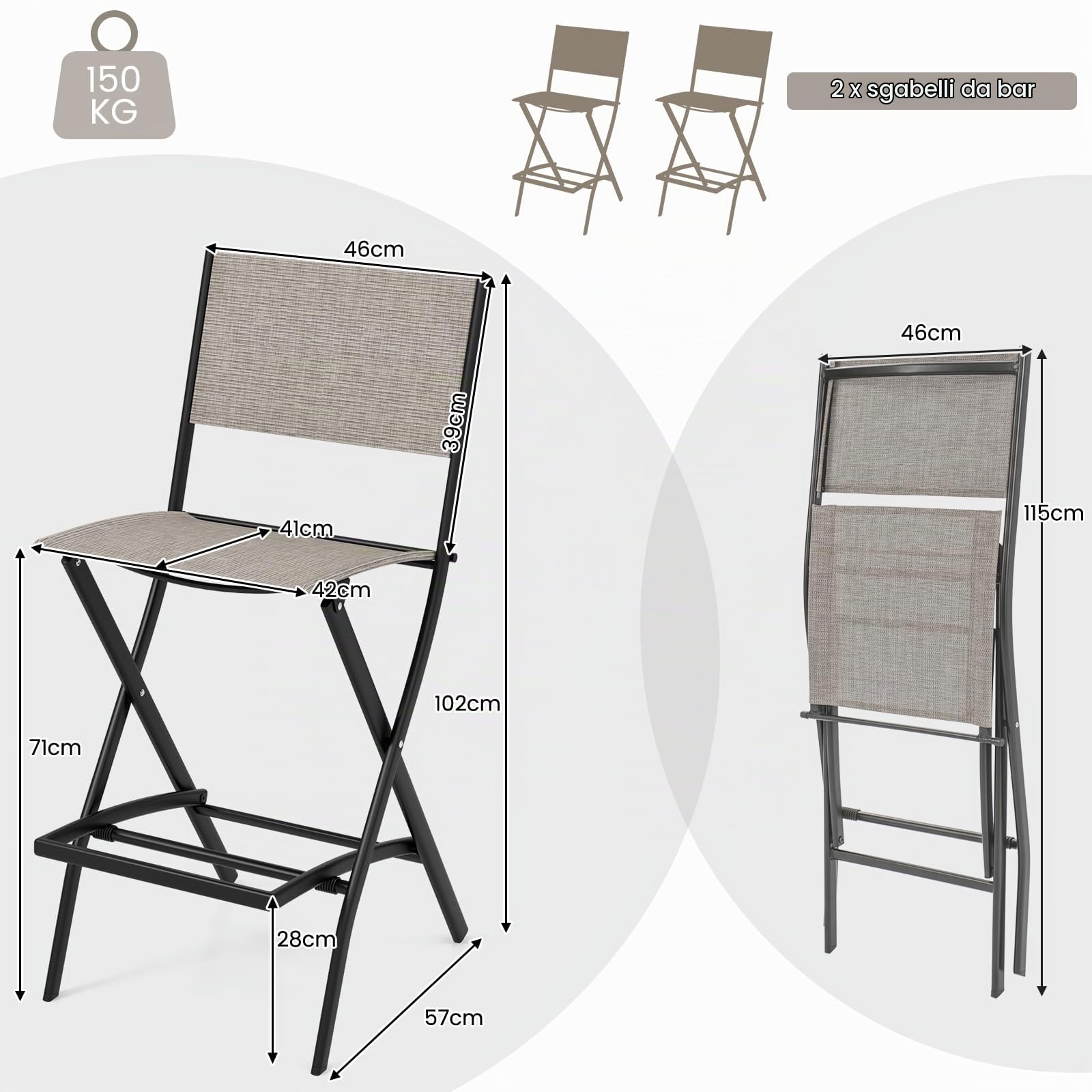 KOMFOTTEU Set di 2 Sgabelli da Bar Pieghevoli, Sgabelli Alti da Cucina con Schienale e Poggiapiedi, Sedie da Giardino in Tessuto Textilene, 46 x 57 x 102 cm, Marrone