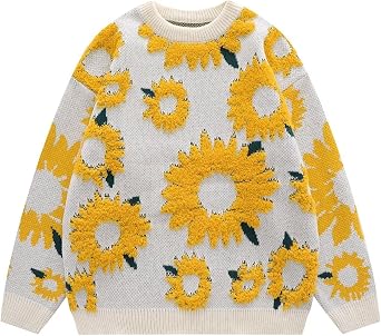 Men Retro Sunflower Flocking Baggy Patchwork Trendy Long Sleeve Knitted Sweater