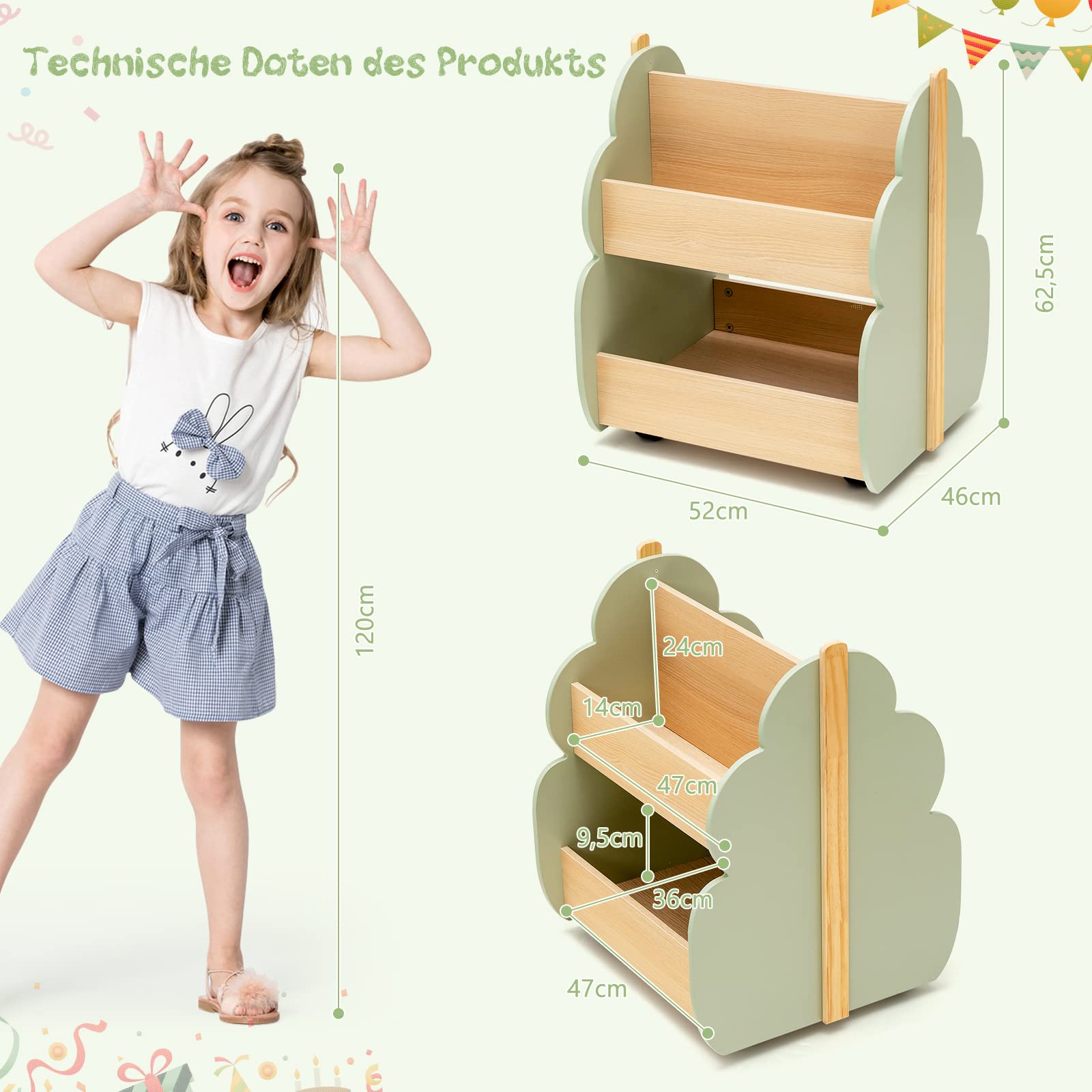 COSTWAY Kinder Bücherregal auf Rollen, 2 Ebenen Spielzeugregal aus Holz, 52 x 46 x 62,5 cm (Grün)