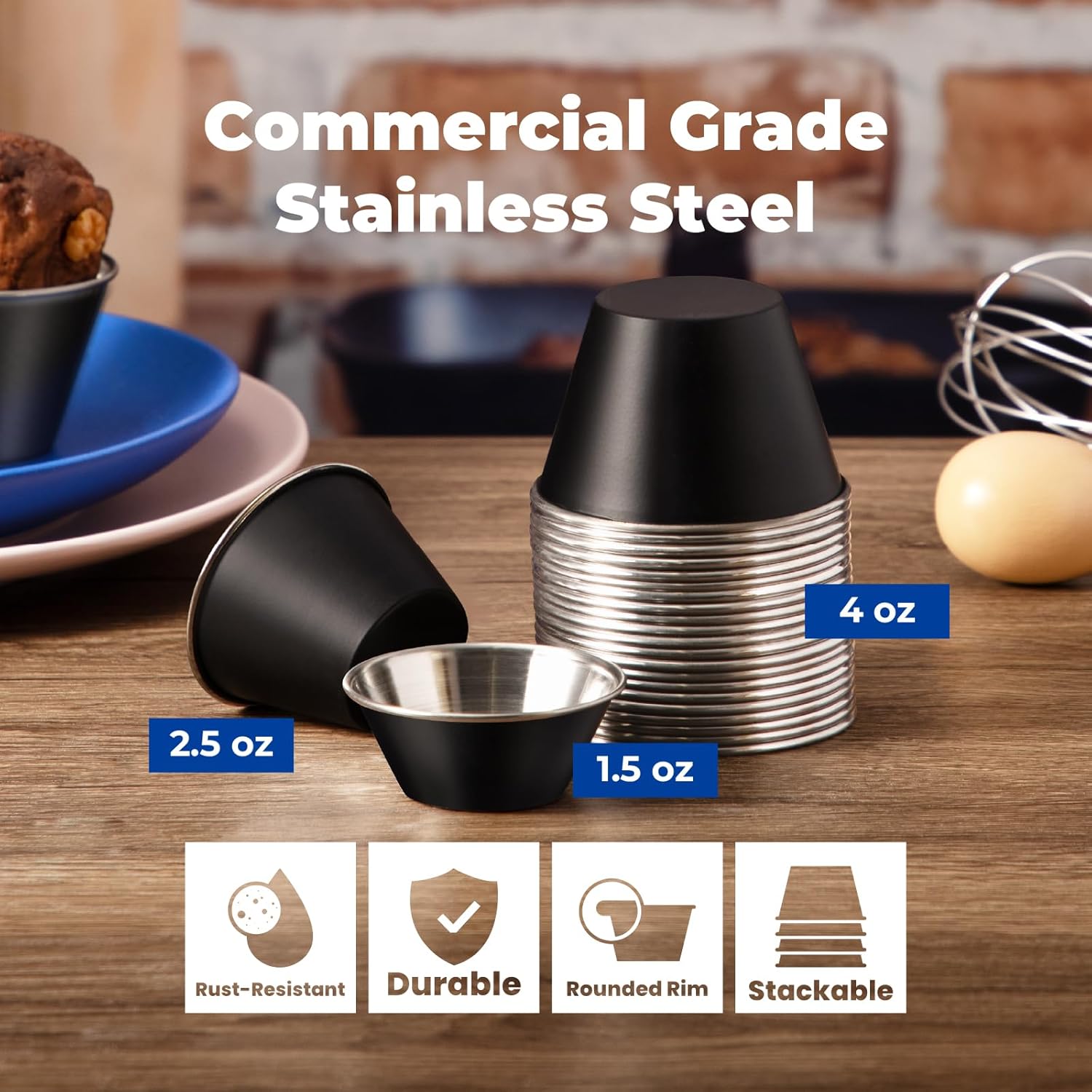 Fit Meal Prep [24 Pack 2.5 oz Stainless Steel Sauce Cups - Matte Black Individual Round Condiments Ramekins, Commercial Grade Safe/Portion Dipping Sauce Kitchen Set