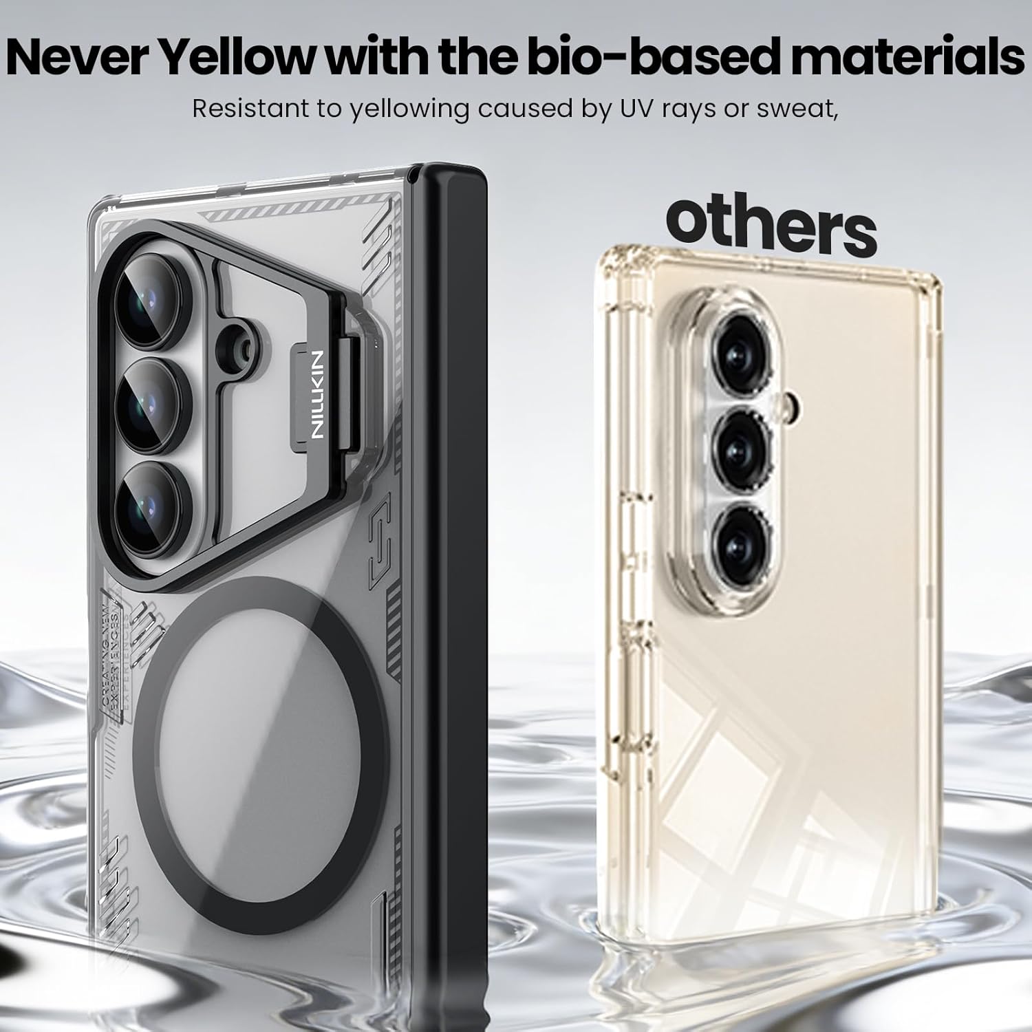 Nillkin Iceblade Prop Magnetic Case showing compatibility with round MagSafe accessories and incompatibility with square ones