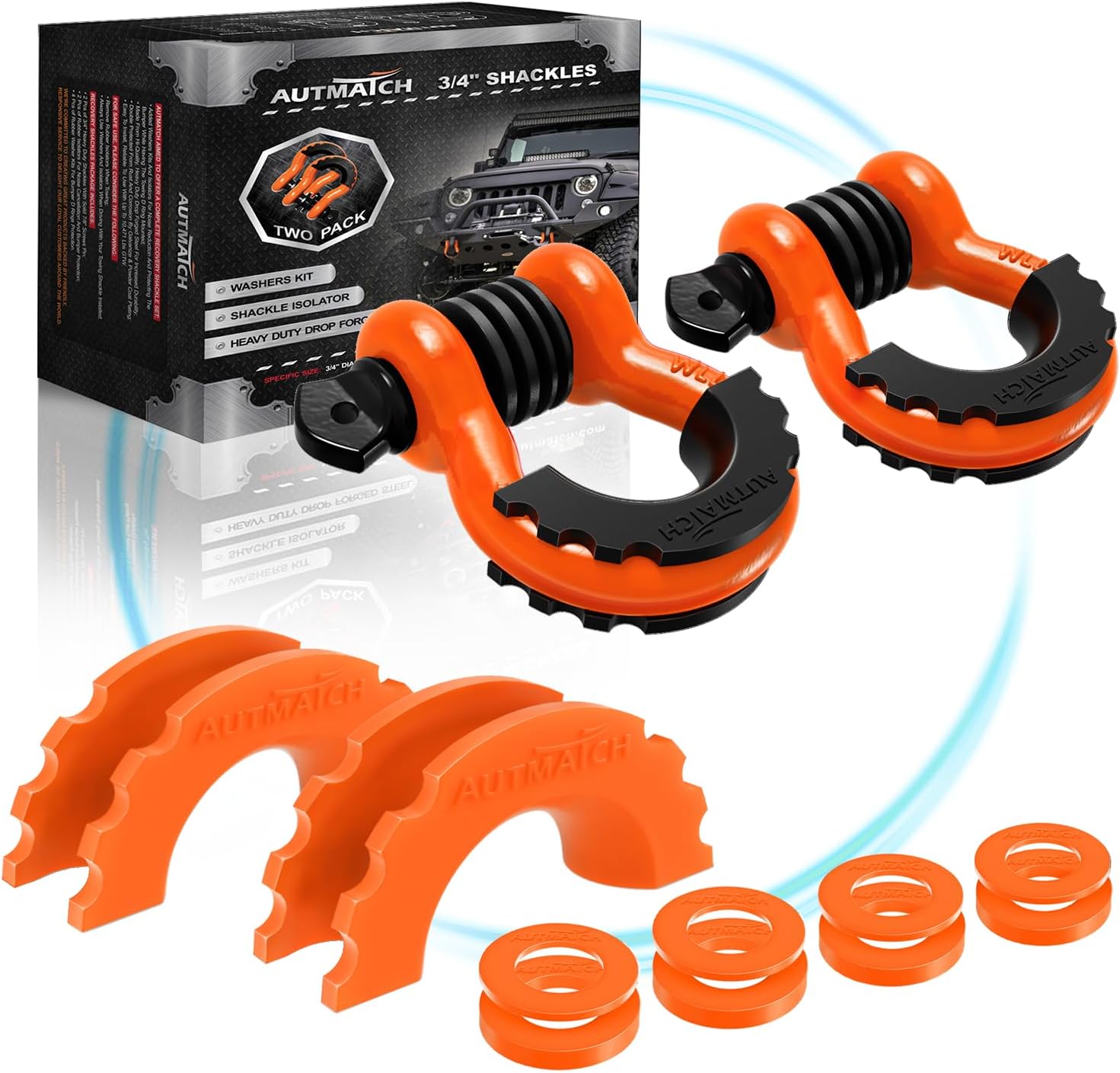 AUTMATCH 3/4" D-Ring Shackles (2 Pack) 41,887Ibs Break Strength with 7/8" Screw Pin and Shackle Isolator Washers Kit for Tow Strap Truck Off Road Vehicle Recovery, Orange & Black