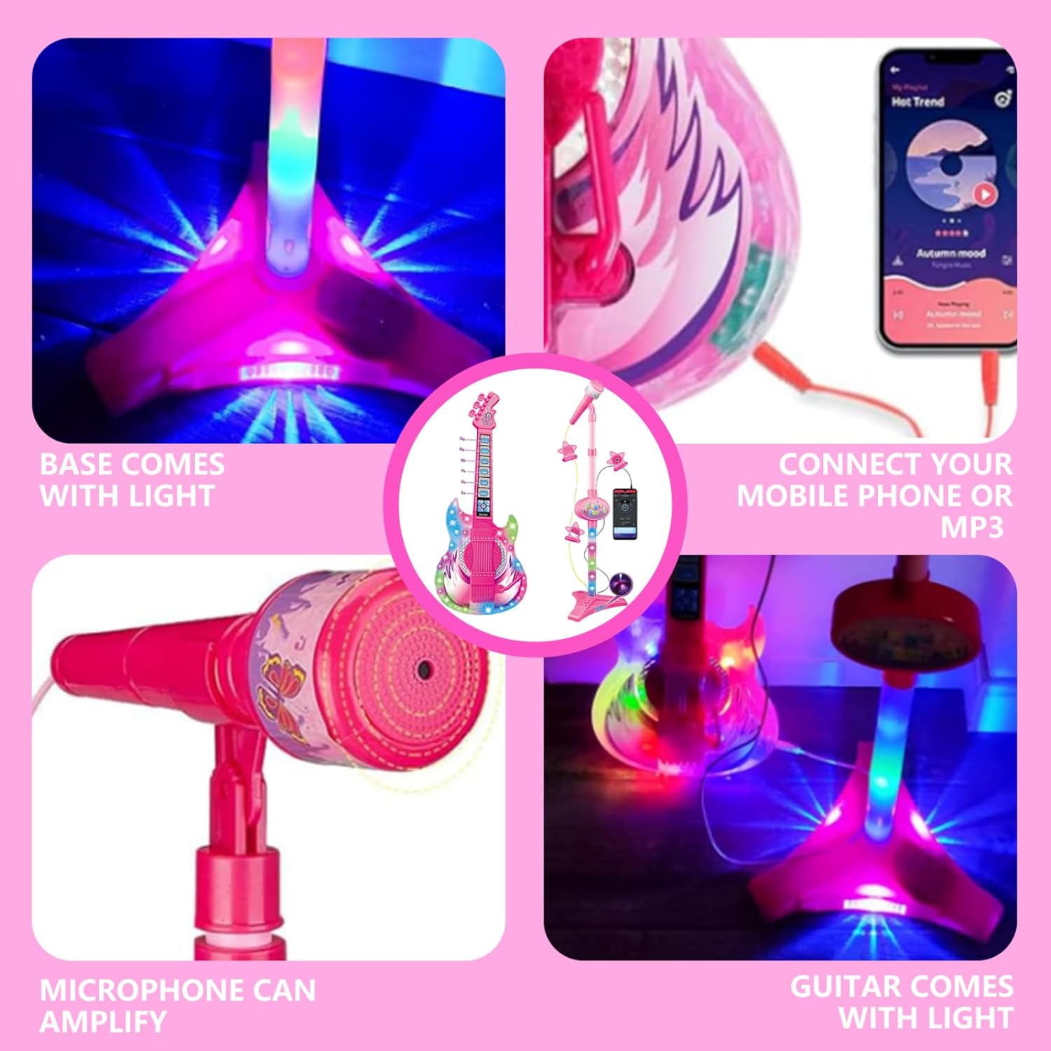 Guitar and Microphone for Kids, Toy Guitar with Music & Light, Adjustable Height 2 in 1 Kids Microphone with Stand, Learning Toy Instruments for Ages 5-9 Electric