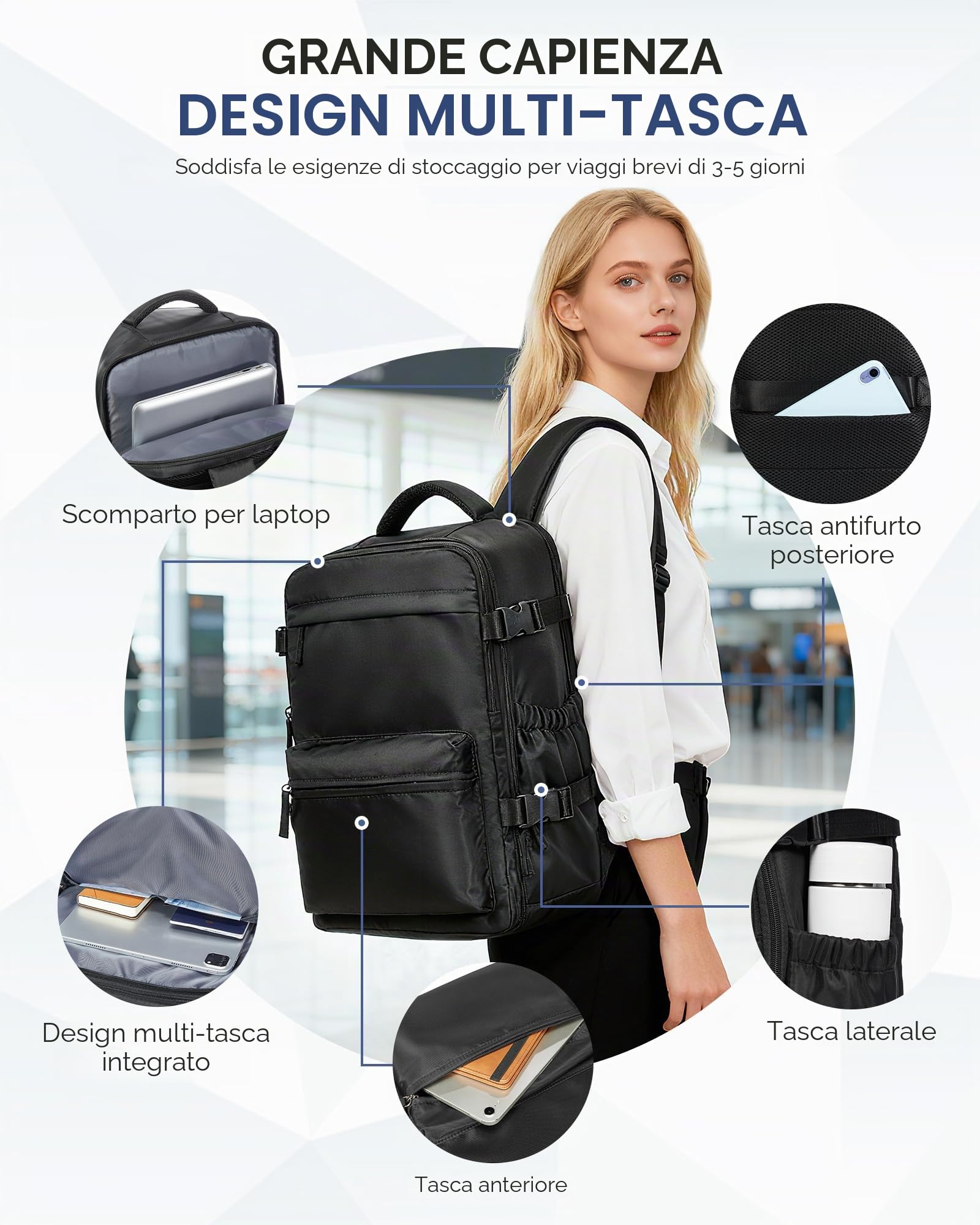 Zaino 40x30x20 Sottovuoto Viaggio Aereo Bagaglio a Mano Ryanair | con Pompa Zaino da Viaggio Impermeabile Zaini Airbag Borsa da Cabina Wizzair Vueling per Donna Uomo - Nero