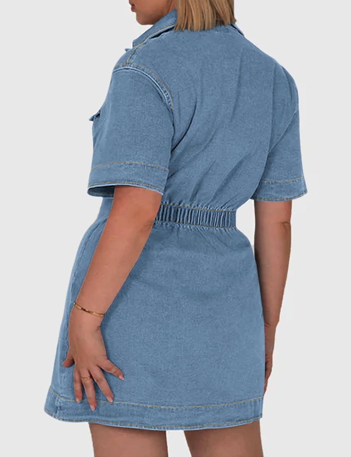 Denim Shirt Dress for Women Short Sleeve, Jean Stretch Button Down Dresses for Summer - Image 2