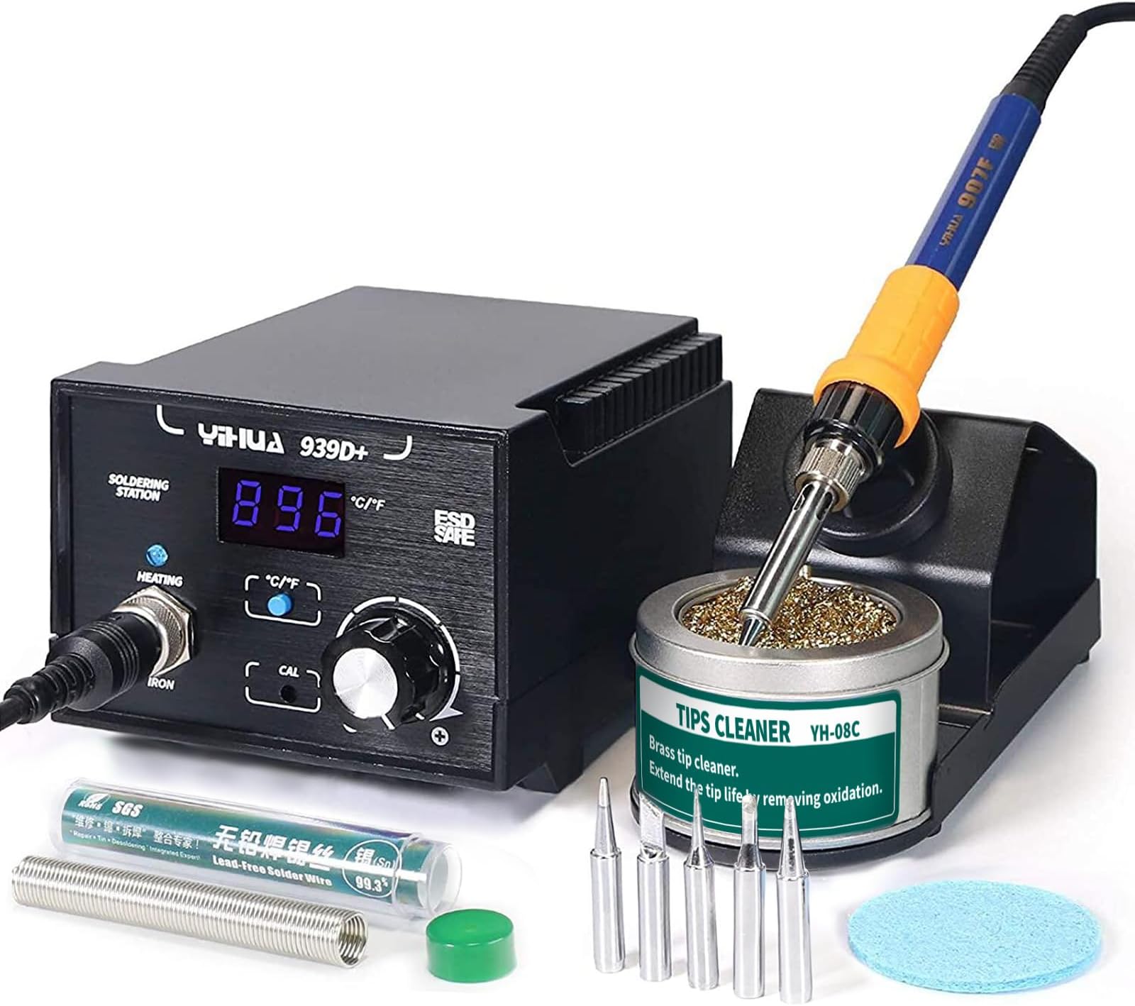 939D+ Digital Soldering Station, 75 Watt Equivalent with Temperature Control, ยฐC/ยฐF Display. ESD safe for Electronics. Aluminum Panel (Resists Burn). Solder Tips, Lead-free Solder & Extras