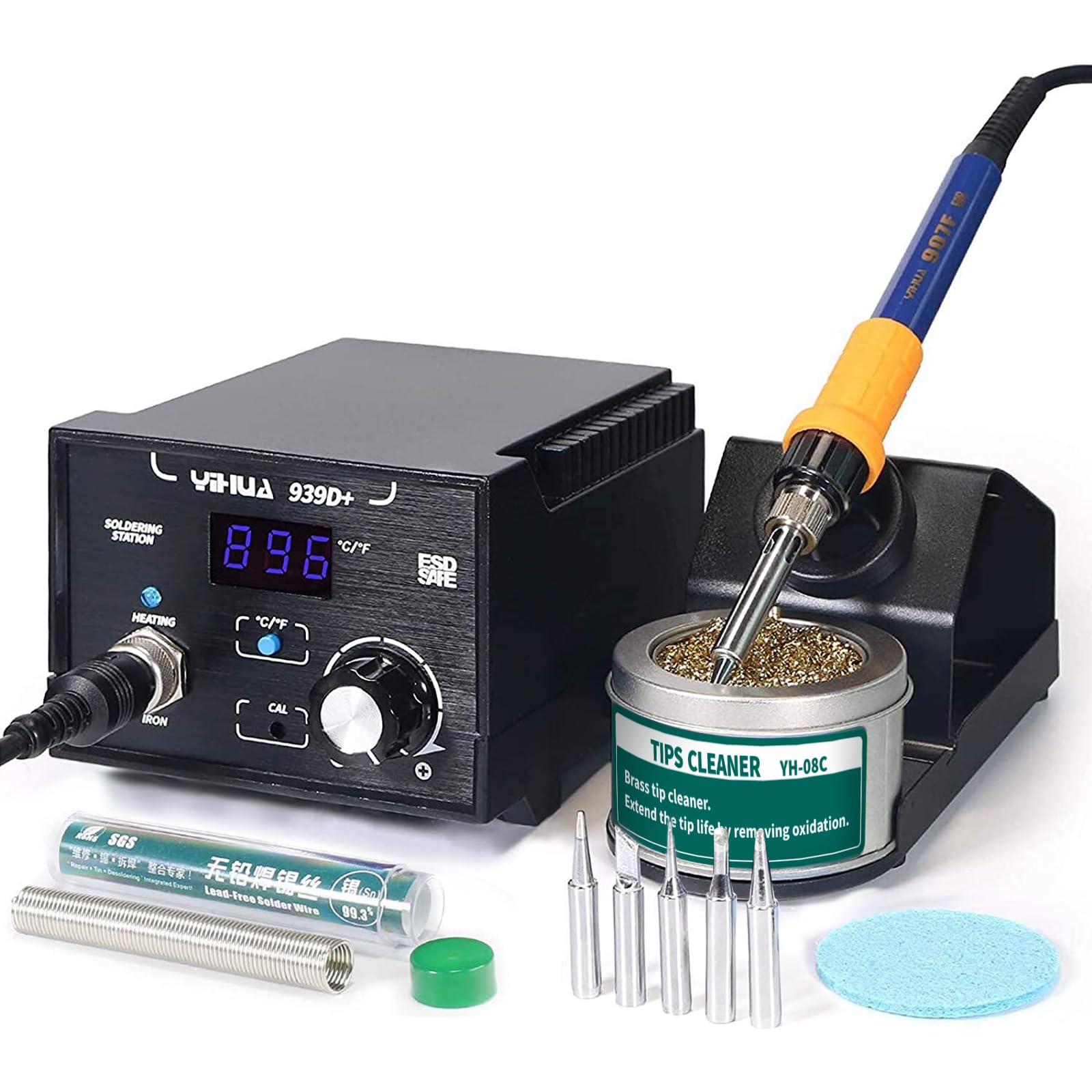 YIHUA 939D+ Digital Soldering Station, 75 Watt Equivalent with Temperature Control, °C/°F Display. ESD safe for Electronics. Aluminum Panel (Resists Burn). Solder Tips, Lead-free Solder & Extras