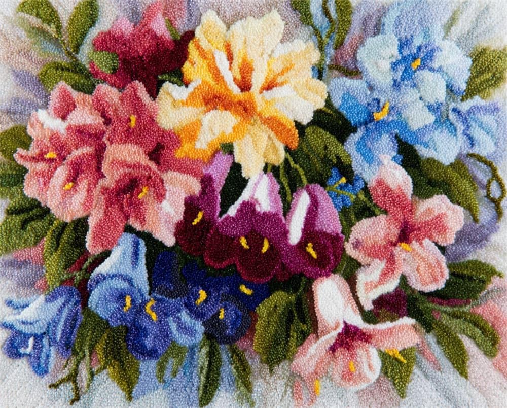 Kitquiver Rug Kits for Adults Latch Hook Printed Bouquet with Bells DIY Crafts Crochet Yarn Handmade Embroidery with Printed Canvas Needlework for Home Decor 15X20In