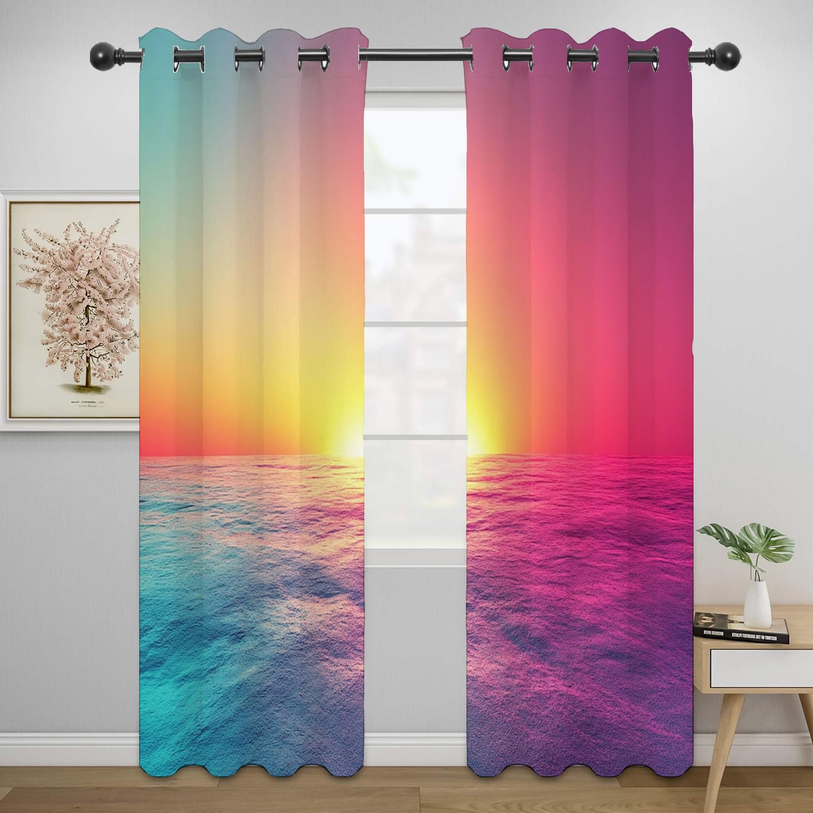 Vorhänge Blickdicht Abstrakt - Lebhafter Verlauf-Ozean-Sonnenuntergang Abstrakt Modern Wohnzimmer Gardinen Vorhänge kurz Schlafzimmer Küchengardinen Decor-H300 x B140 cm (2er Pack)