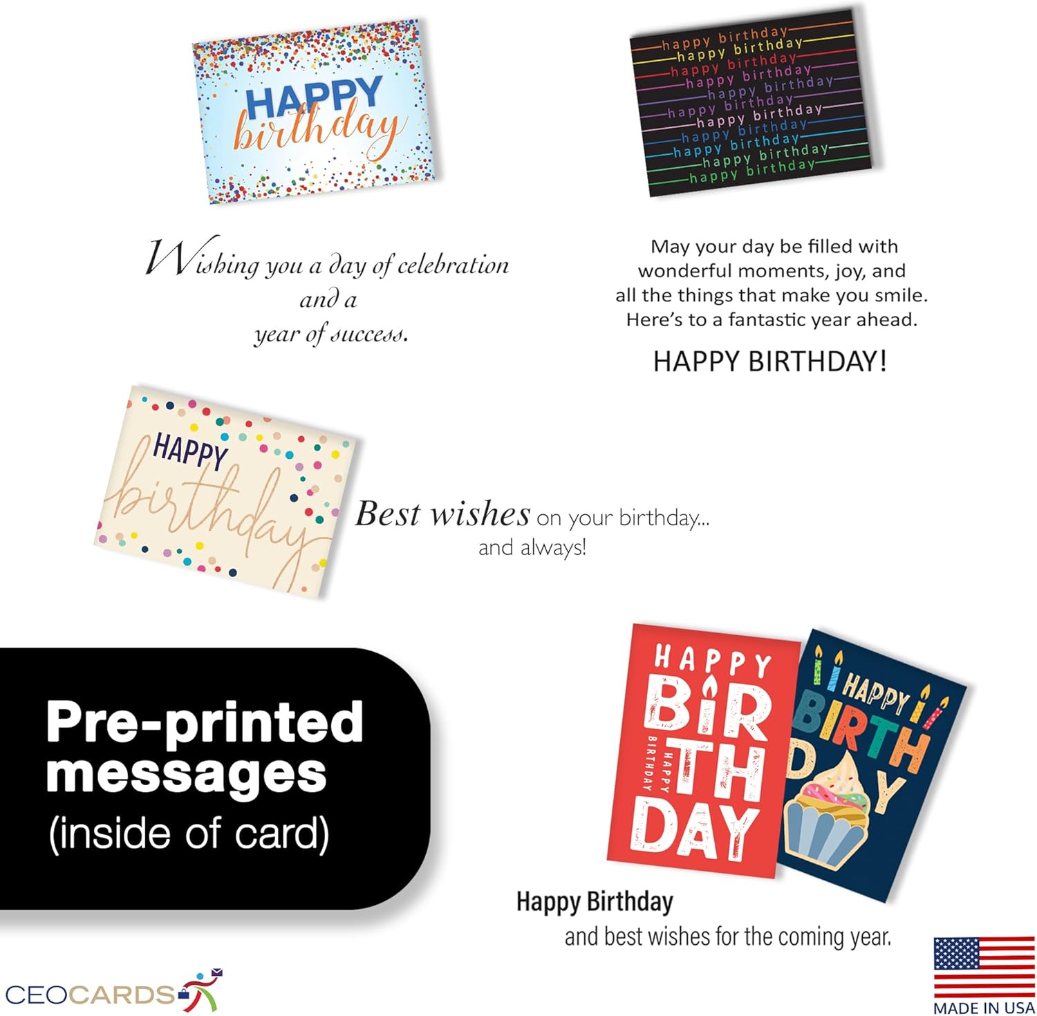 Happy Birthday Cards with Envelopes (25 Variety Pack – 5 Designs) Creative Bulk Birthday Card Set for Family & Business (5x7 inch – A7) Office, Work, Coworkers, Employees, Clients (VP2410) Made in USA