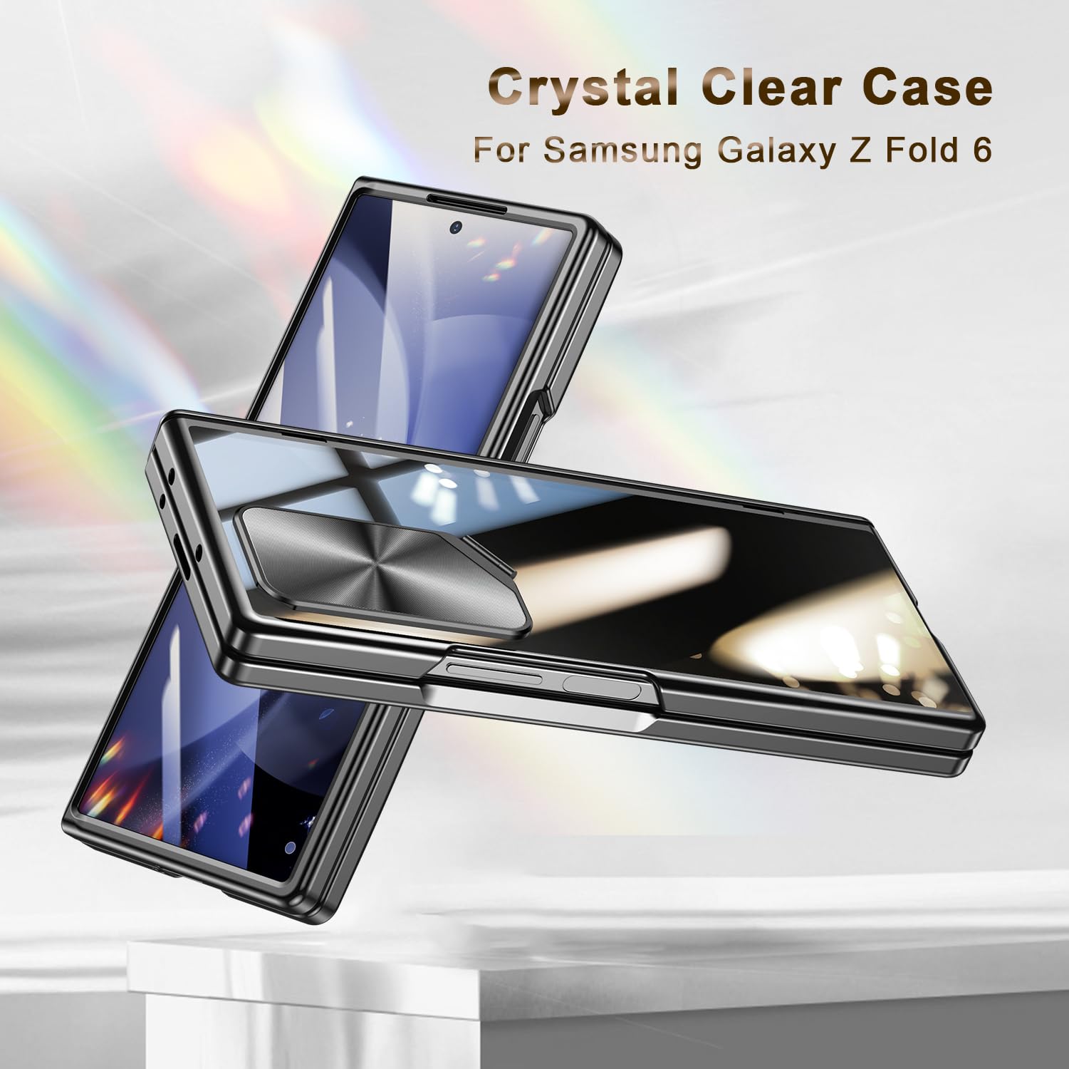 Custodia per Samsung Galaxy Z-Fold-6: con cavalletto per fotocamera, protezione per lo schermo anteriore, copertura protettiva completa, cover sottile per telefono con placcatura trasparente