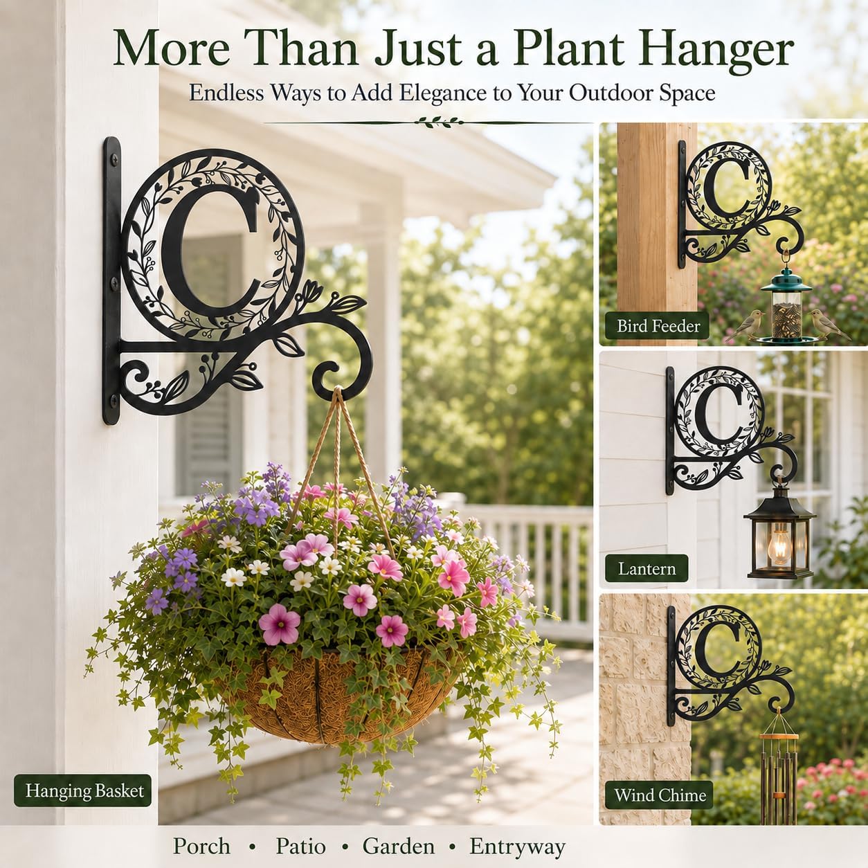 Personalized Metal Initial Letter C Plant Hanger Bracket, Decorative Wall Mount Hanging Plant Hook, Monogram Floral Leaf Garden Decor for Hanging Baskets, Bird Feeders, Lanterns, Wind Chimes image 3
