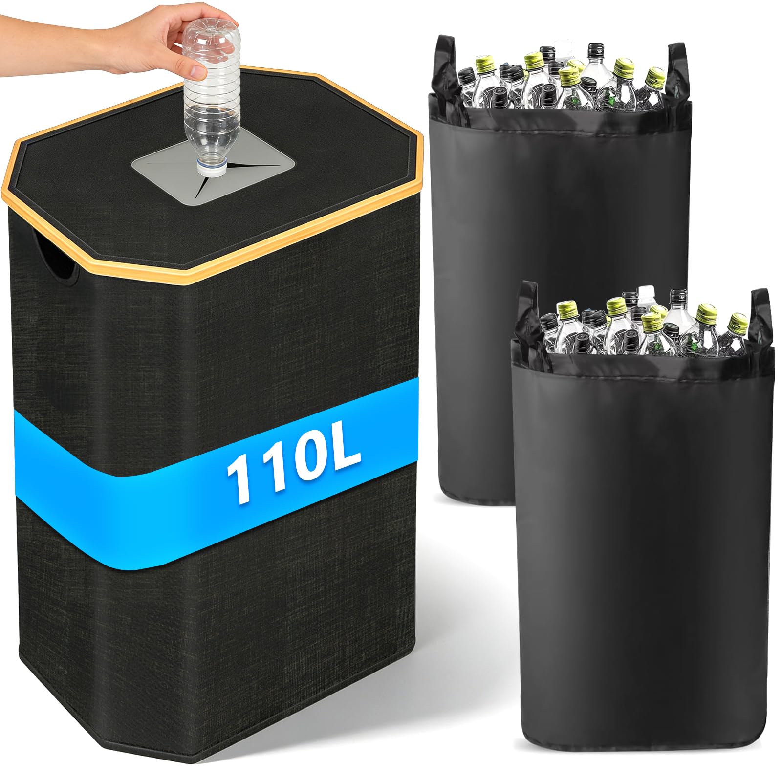 110L Duży Pojemnik na Butelki Zwrotne z Pokrywą i 2 Torbami, Zbieracz Butelek, Pojemnik do Recyklingu, Kontener na Butelki Zwrotne do Kuchni Schowka Torby na Butelki (Czarny)