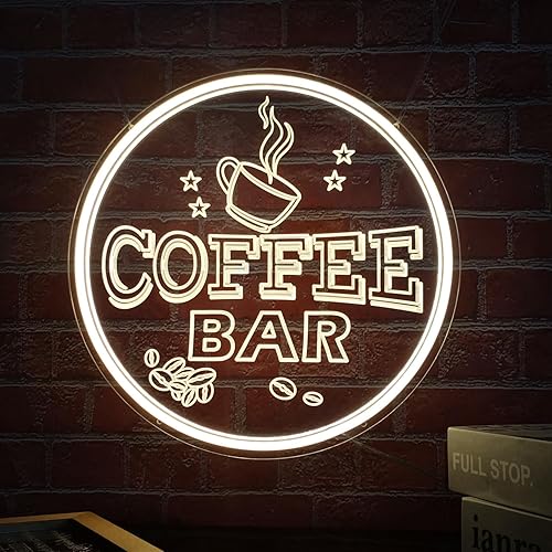 NOXTROND Letrero de barra de café neón, regulable, alimentado por USB, de 12 pulgadas, redondo, para cafetería, cafetería, estación de café,