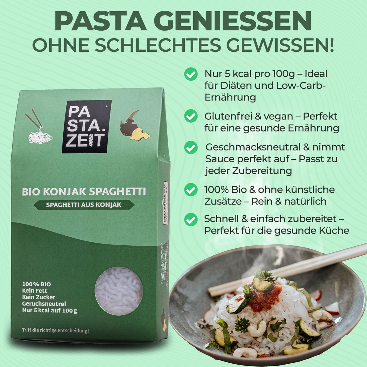 PASTAZEIT Bio Konjak Nudeln Spaghetti - No Carb Nudeln, Weizenfrei, Bio, Vegan, Low Carb, Kein Fett - Kalorienarme, nur 5 kcal, kohlenhydratfrei, Shirataki (10 x 400 g)