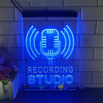Recording Studio Neon Sign Microphone On Air LED Neon Sign microphone studio Studio On Air Neon Light Microphone Bar Led Neon Sign with Dimmable Switch,Blue,11.8"x7.9"
