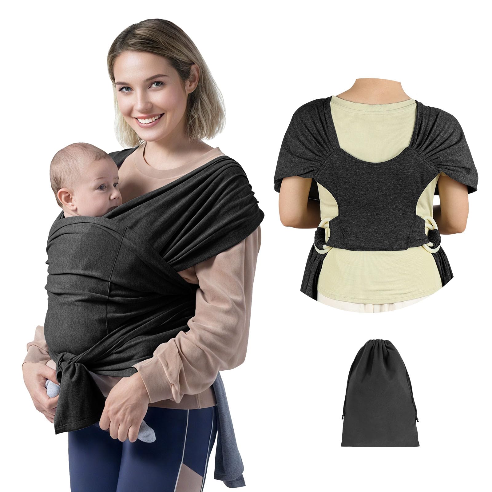 AUYAO Baby Carrier Adjustable Baby Wrap Hands Free Toddler Carrier Sling Multi-Purpose Sling Wrap Ergonomic Baby Carrier Backpack Support for Newborn Babies up to 48(22kg) lbs Toddlers(Black)