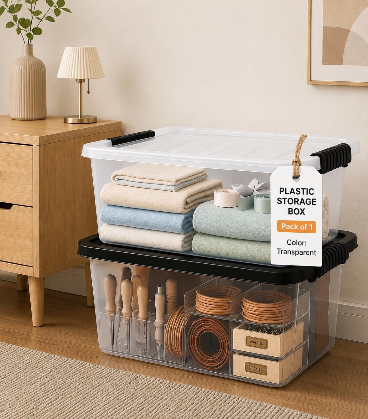 ekdhra heavy duty plastic storage bins with locking lids clear, stackable basket for clothes, toys, kitchen big size storage container for home - 11liter (40x20x15cm) (black,transparent) (pack of 1)