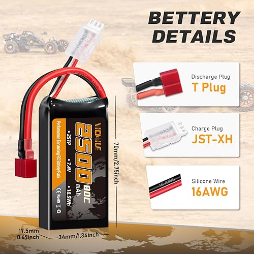 Vista 3 de Batería Lipo 2S 2500mAh 7.4V 80C Alta tasa de descarga Shorty Pack Baterías RC con enchufe T estilo Dean Fit para RC Avión FPV Quadcopter