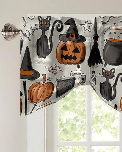 Miniatura 3 de Cenefas de cortina de Halloween para ventanas, calabaza con sombrero de bruja, cenefa de cortina para cocina, sala de estar, gato negro, retro