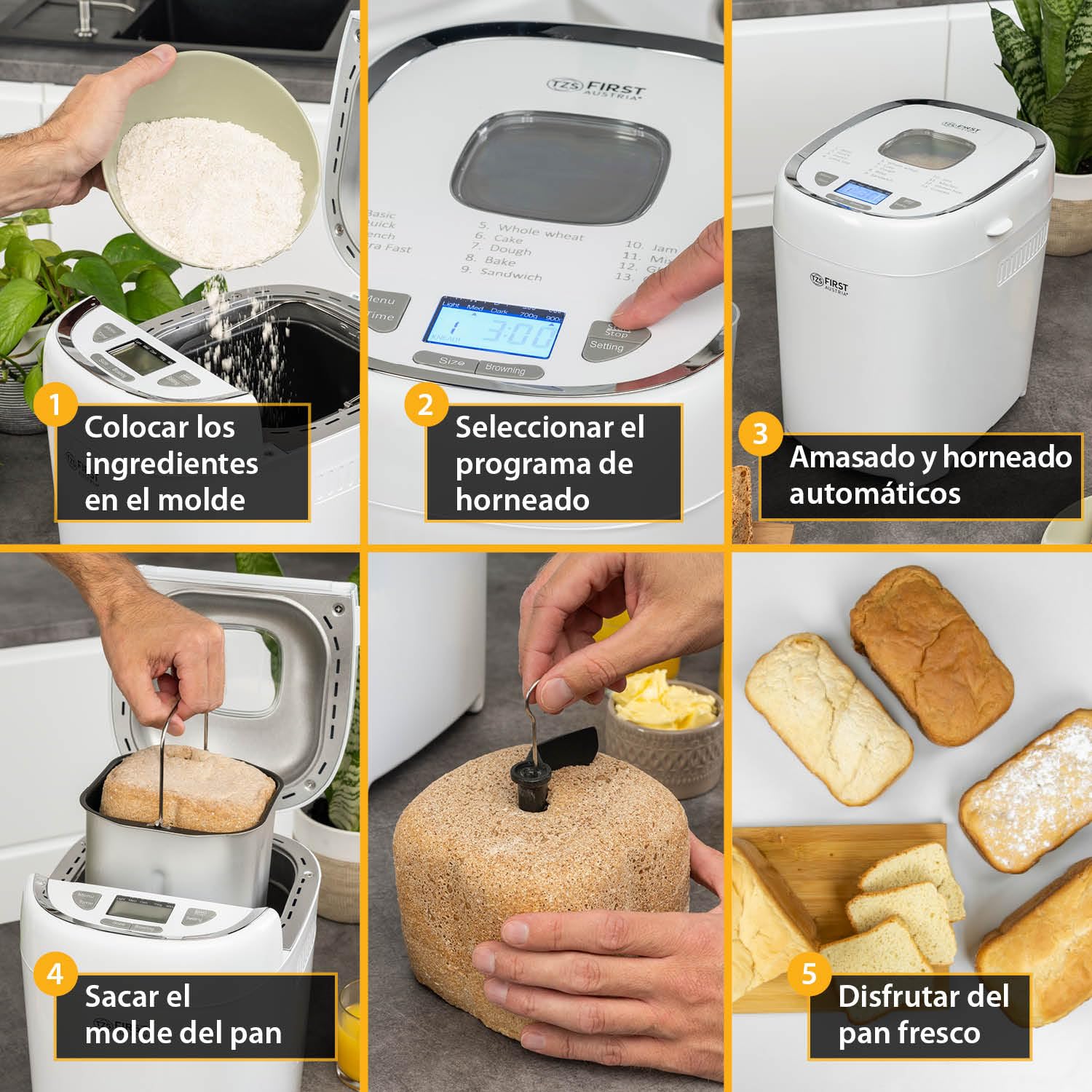 TZS First Austria - Panificadora Eléctrica 900g - 13 Programas Automáticos - Control de Tostado - Temporizador y Función Mantener Caliente - Calidad Vienesa - Blanco