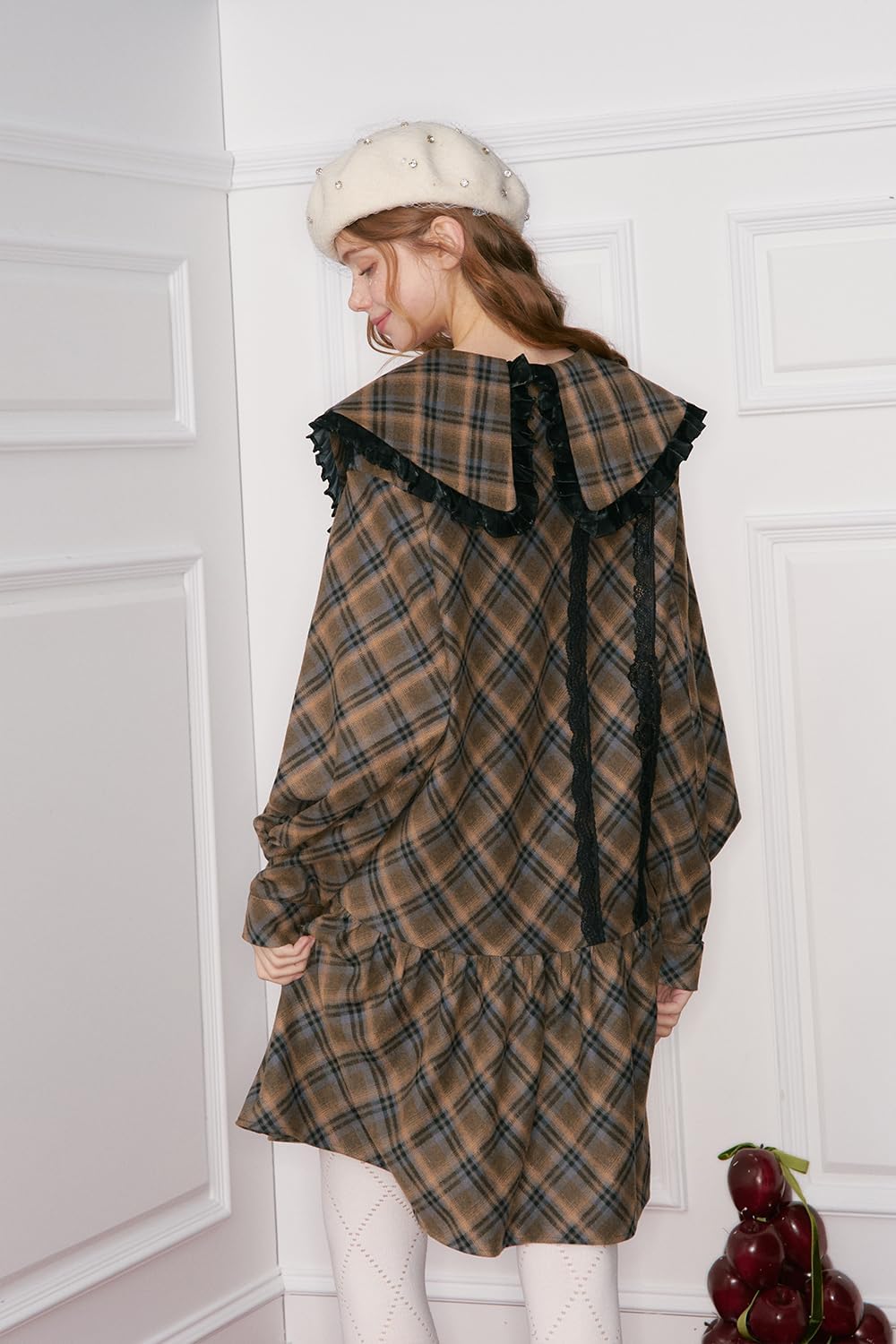 Women's Plaid Long Sleeve Dress with Ruffled Collar & Lace Trim, Vintage Button-Down Shirt Dress - Image 4