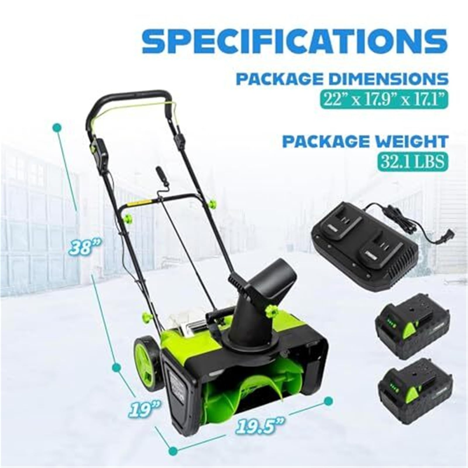 Spazzaneve elettrico senza fili, 50,8 cm, motore da 3500 W, doppia luce LED, distanza di lancio di 7,6 m, aratura 385,6 kg/min, scivolo regolabile, guanti e occhiali inclusi