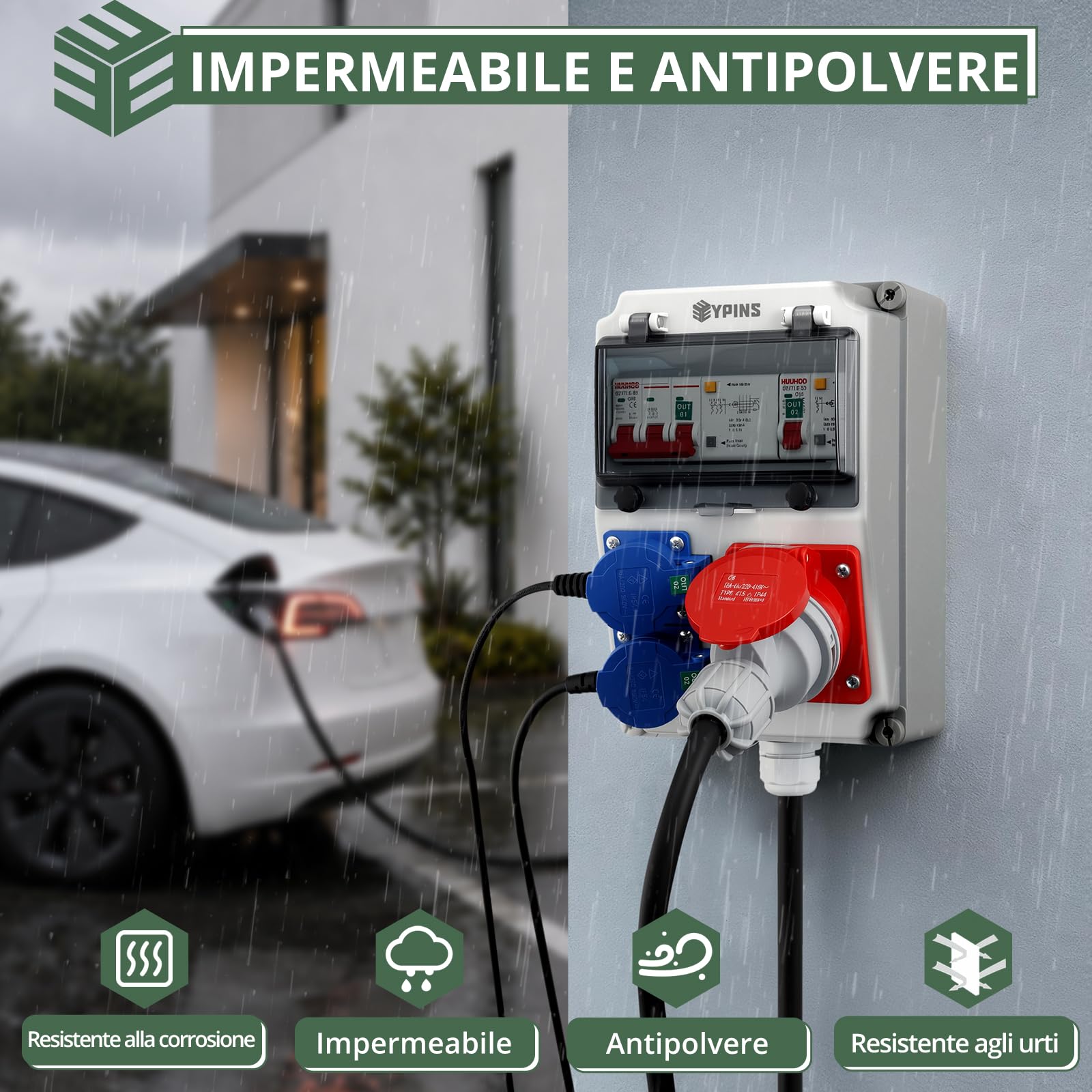 EYPINS Distributore di Corrente da Cantiere con Cavo 1M,2 Schuko+1 CEE 16 A | Protezione FI/LS,Presa Schuko e CEE,Quadro Elettrico Esterno da Parete,Impermeabile IP66,per Giardino,Garage,Officina,Cortile