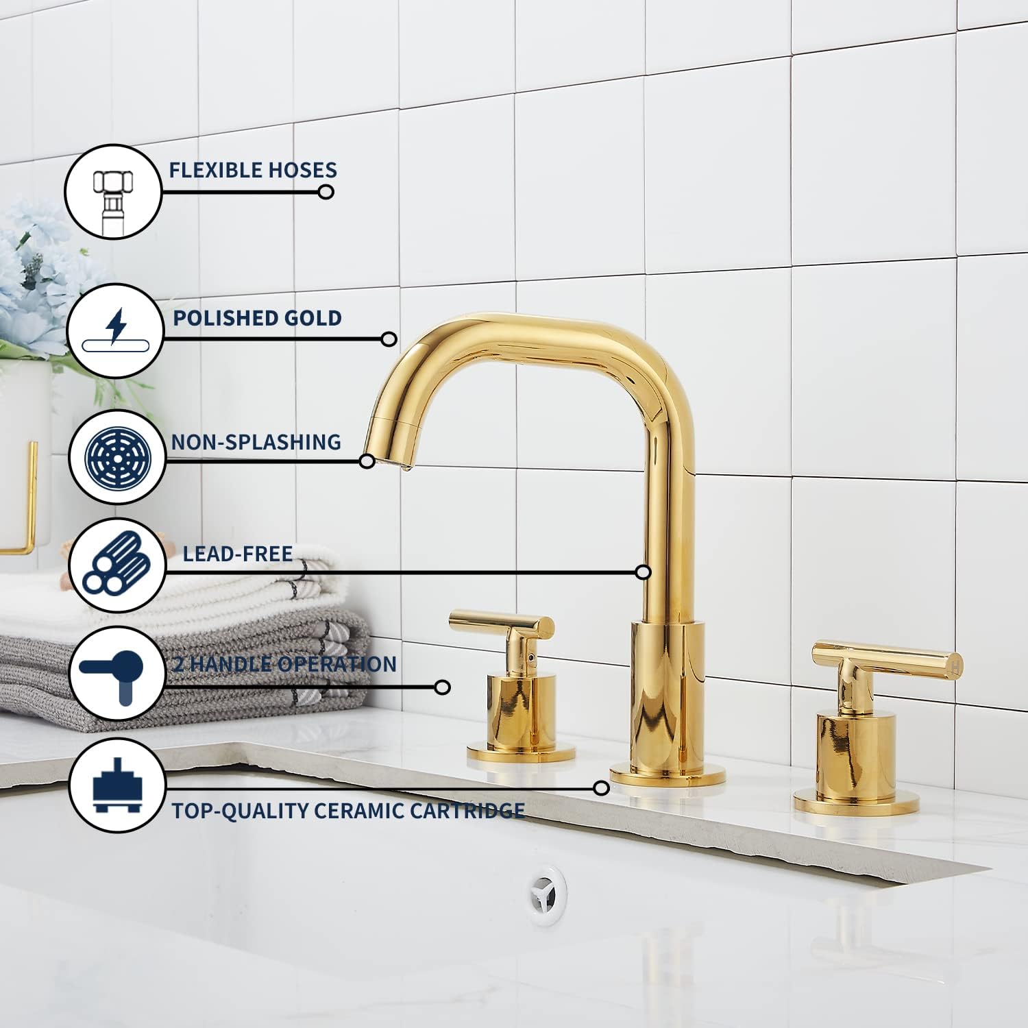 Bеѕt Cуbеr Mоndау 🔥 GGStudy 360° Swivel Spout Two Handles 3 Holes 8-16 inch Widespread Bathroom Sink Faucet Gold Finish Matching with Pop Up Drain