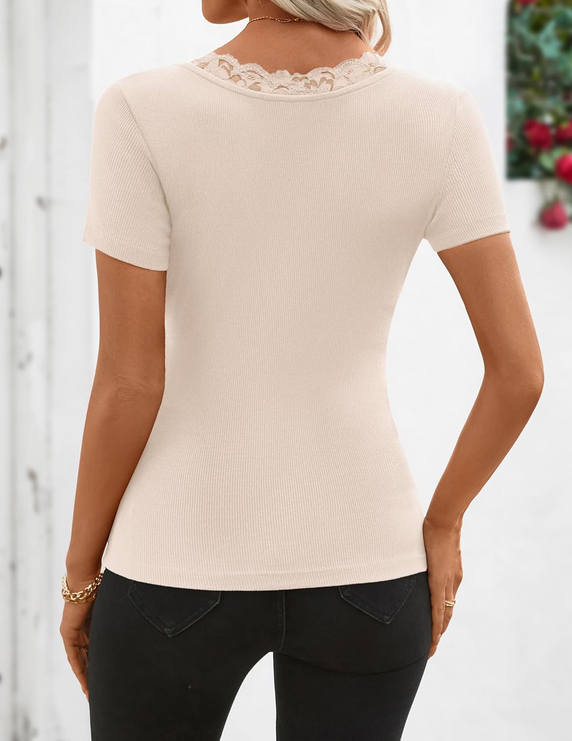 ZESICA Women's Short Sleeve Lace V Neck Fitted T Shirts Ribbed Knit Casual Basic Tees Tops 2026 Summer Y2k Going Out Outfits - Image 5