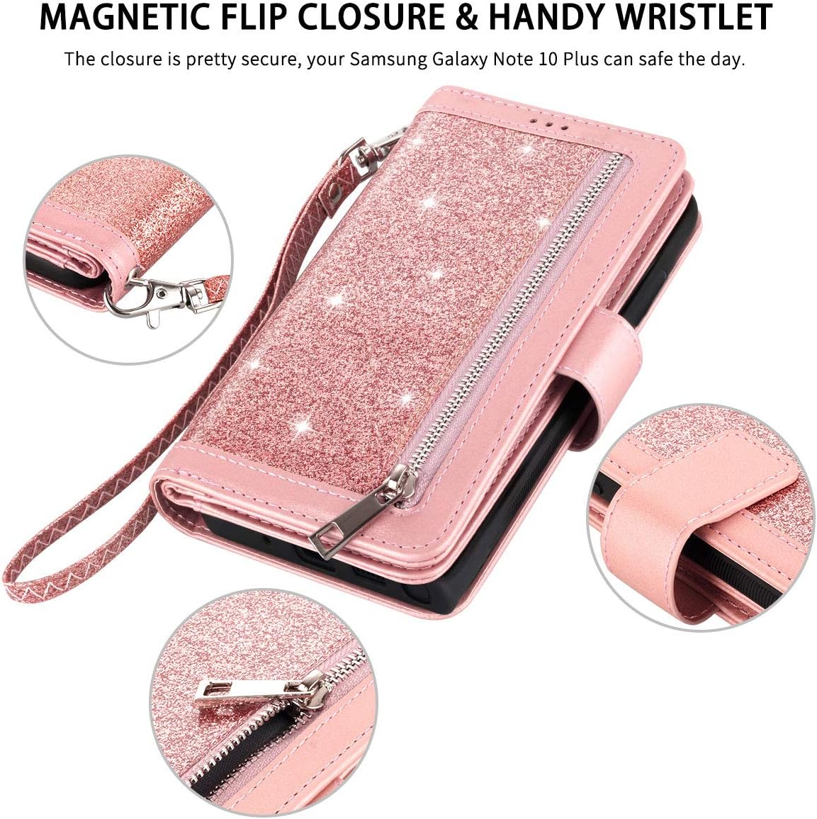 Petocase Compatible Galaxy Note 10 Plus Wallet Case,Luxury Bling Classy Leather Folio Flip Wristlet Shockproof Protective ID Credit Card Slots Holder Cover for Samsung Galaxy Note 10 Plus-Rose Gold