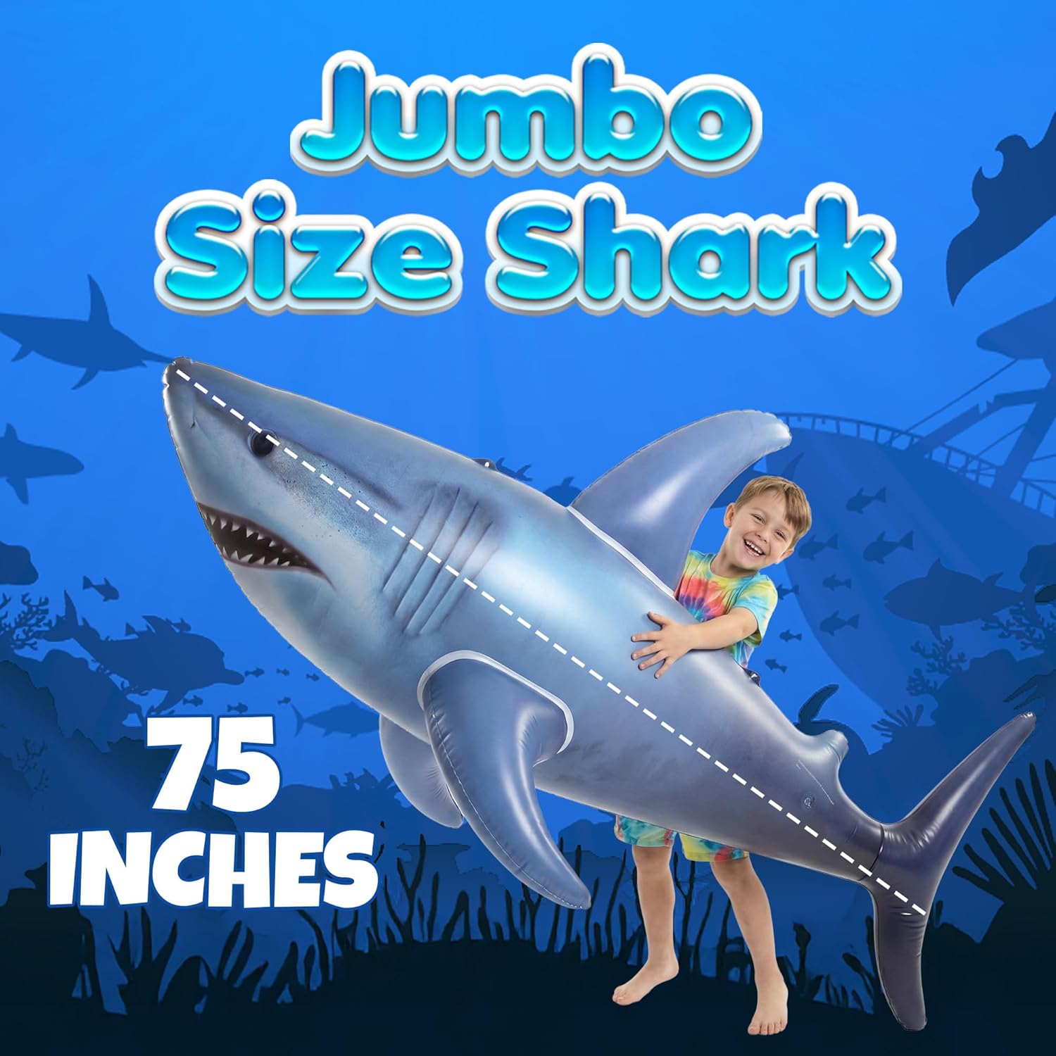 Giant Inflatable Shark Pool Float 75” - Large Blow-Up Shark Toy for Kids, Teens & Adults - Swimming Pool Toy, Ocean Theme Birthday Party Decorations, Beach & Summer Toys