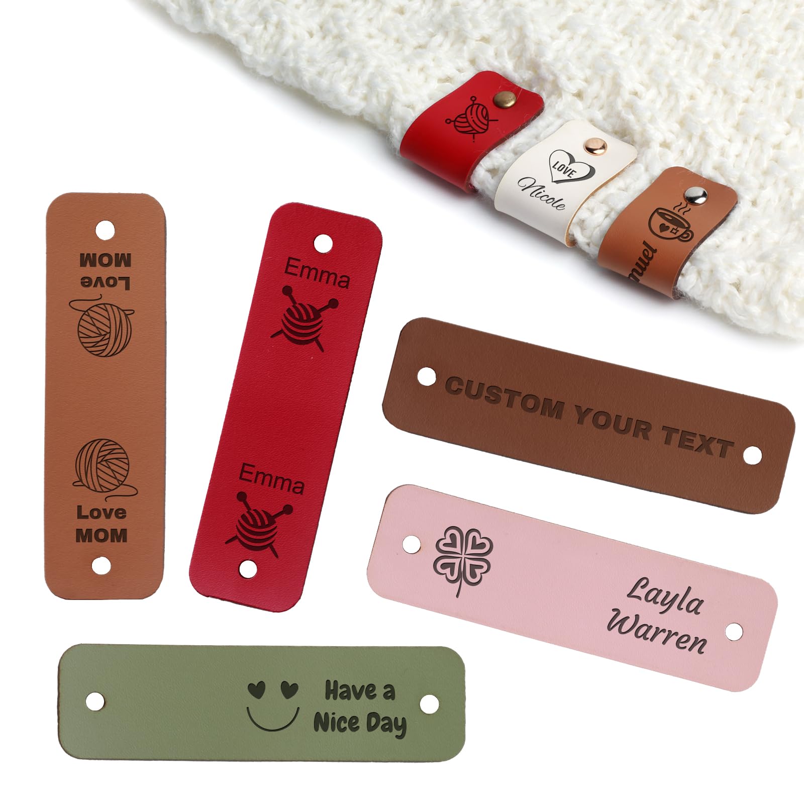Personalized 3 x 0.95 inches Handmade Leather Tags for Crochet and Knits Items - Customizable Quantity - Custom Leather Labels with Rivet for Handmade Items, Knitting Beanie Tags