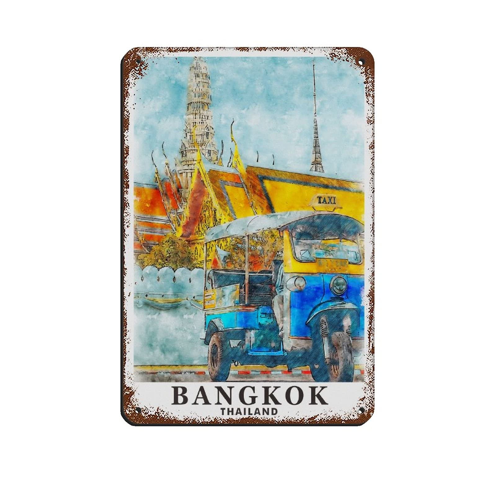 Oudrspo Bangkok Thailand Oil Painting Vintage Cityscape Plaque Vintage Tin Sign Home Office Kitchen Pub Club Cafe Bar Farm Restaurant Collection Metal Wall Decor