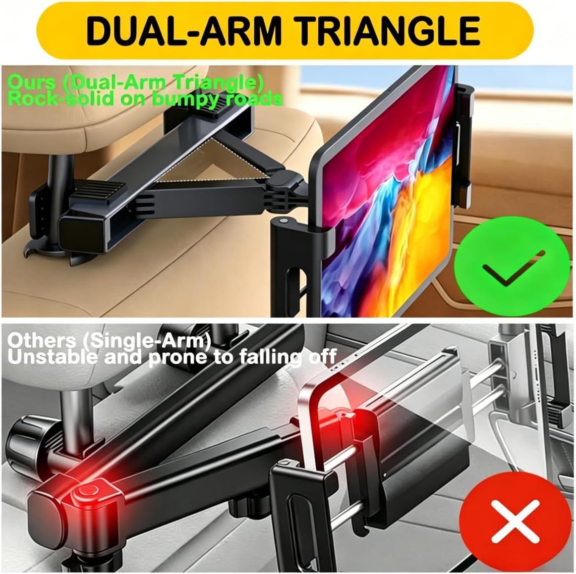 Car Headrest Tablet Holder for Back Seat, Sturdy iPad Mount with 360° Rotation & Foldable Arm, Fits 4.7-12.9" Devices, Road Trip Essentials for Kids and Most Sedans/SUVs (Headrest Rods Required) image 4