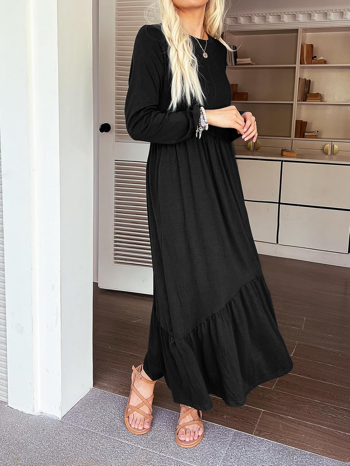 Women's Long Sleeves Maxi Dress Casual Loose Tiered Flowy Swing Beach Long Dresses with Pockets - Image 5