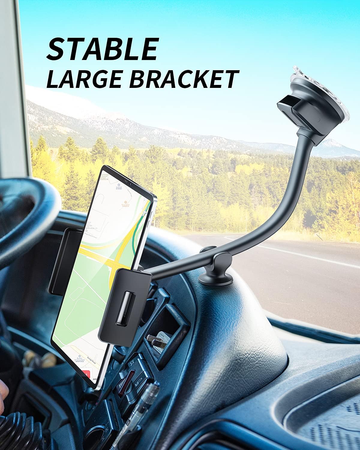 ICARMOUNT Tablet Car Mount Windshield Dashboard, Suction Cup Long Gooseneck Tablet Holder for Car, Truck, SUV, Compatible with 7-12.4 Inch iPad/Samsung Tab/Smart Phone