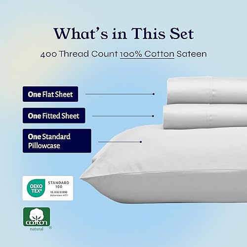 Vista 338 de Juego de sábanas de 400 hilos y 6 piezas, tamaño King, con 4 fundas de almohada, ropa de cama de 100 % algodón con tejido satinado, color azul 12